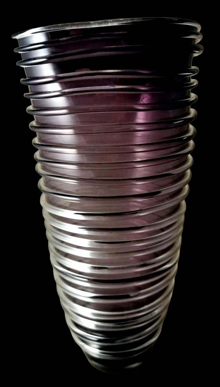 Modern Murano Vase Purple Glass Irregular Shape And Glassy Threads On The Surface For Sale