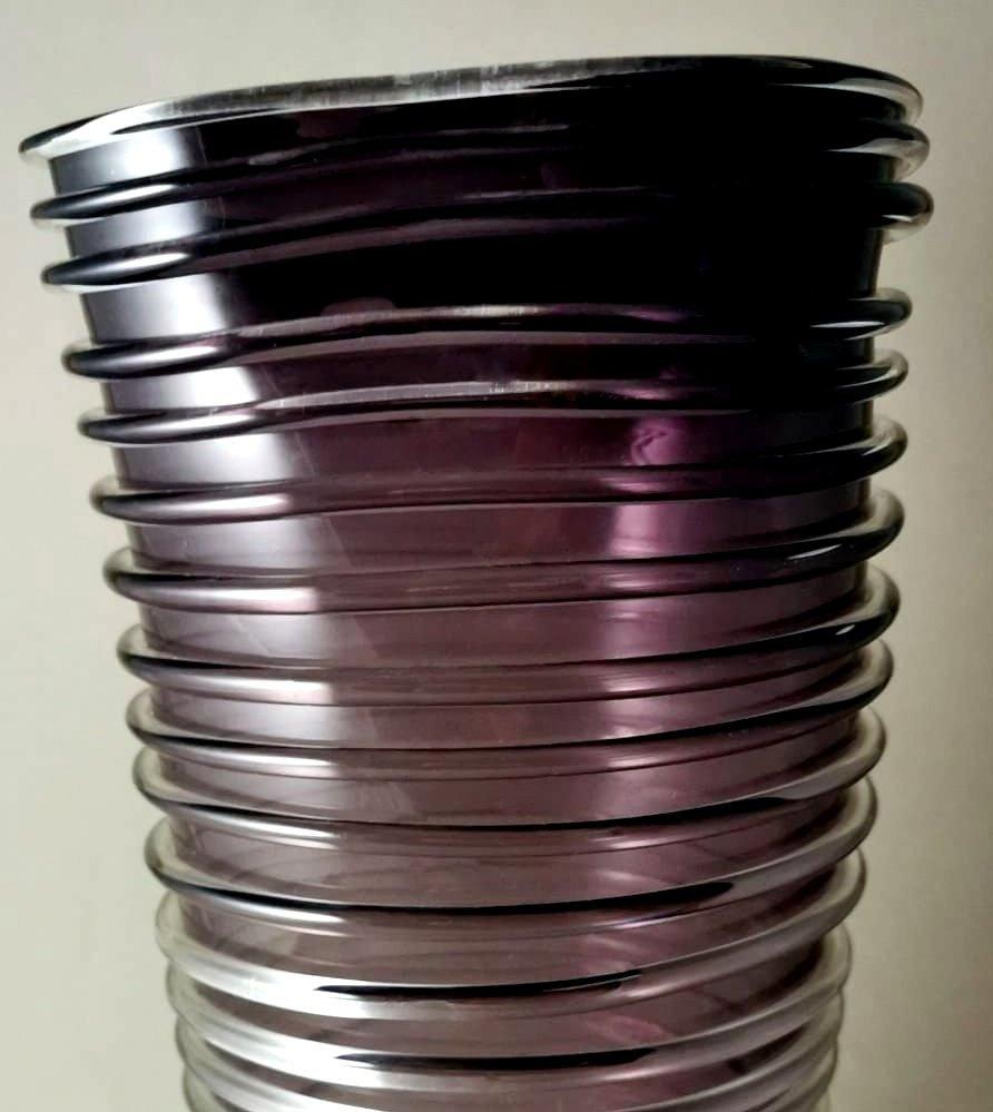 Hand-Crafted Murano Vase Purple Glass Irregular Shape And Glassy Threads On The Surface For Sale