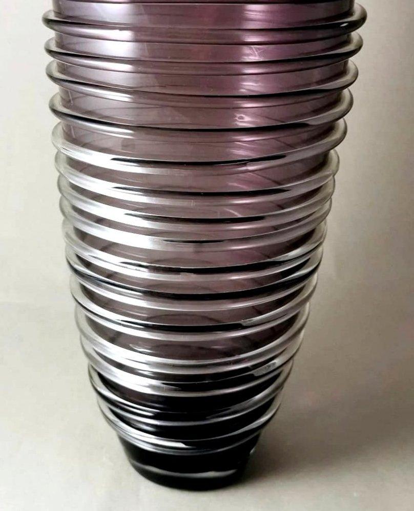 20th Century Murano Vase Purple Glass Irregular Shape And Glassy Threads On The Surface For Sale