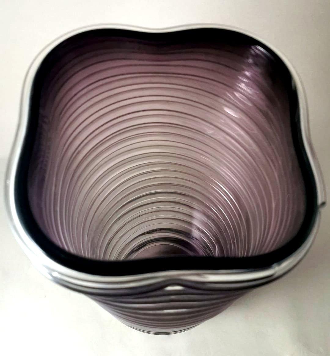 Murano Vase Purple Glass Irregular Shape And Glassy Threads On The Surface For Sale 1