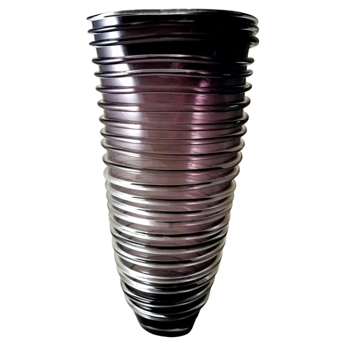 Murano Vase Purple Glass Irregular Shape And Glassy Threads On The Surface For Sale