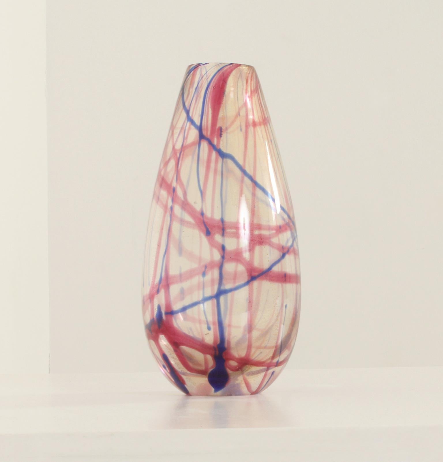 Murano Vase with colored lines from 1950's, Murano, Italy. Hand blown clear glass with gold inclusions and colored lines.