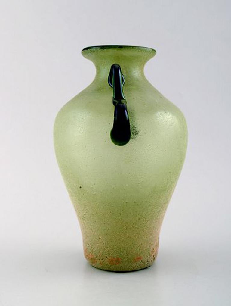 Italian Murano Vase with Handles in Light Green Mouth Blown Art Glass, 1960s