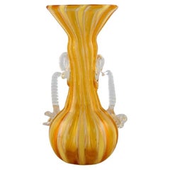 Murano Vase with Handles in Yellow and Clear Mouth-Blown Art Glass