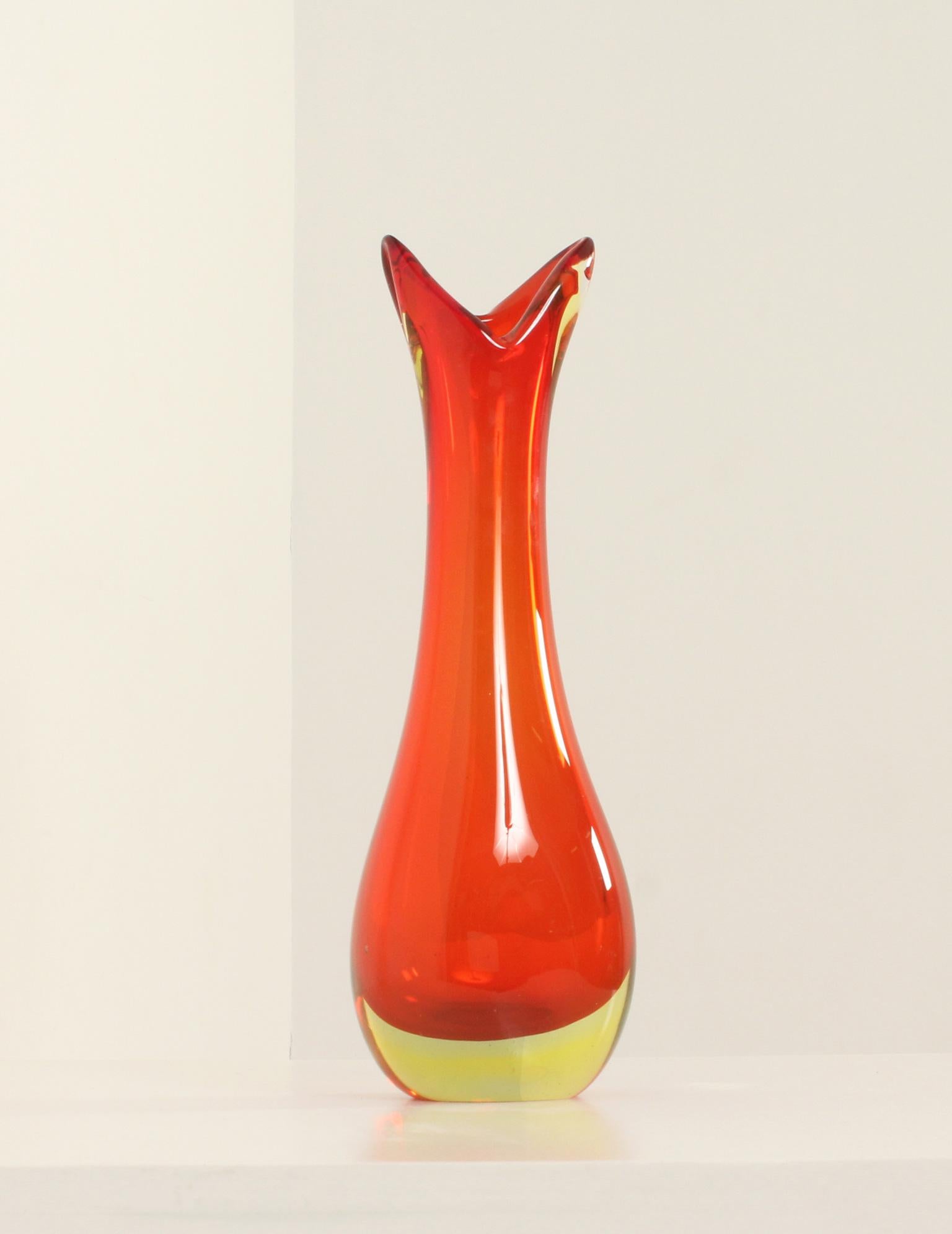 Large Murano glass vase with wide neck from 1960's, Italy. Hand blown Sommerso glass in red and iridescent green color.