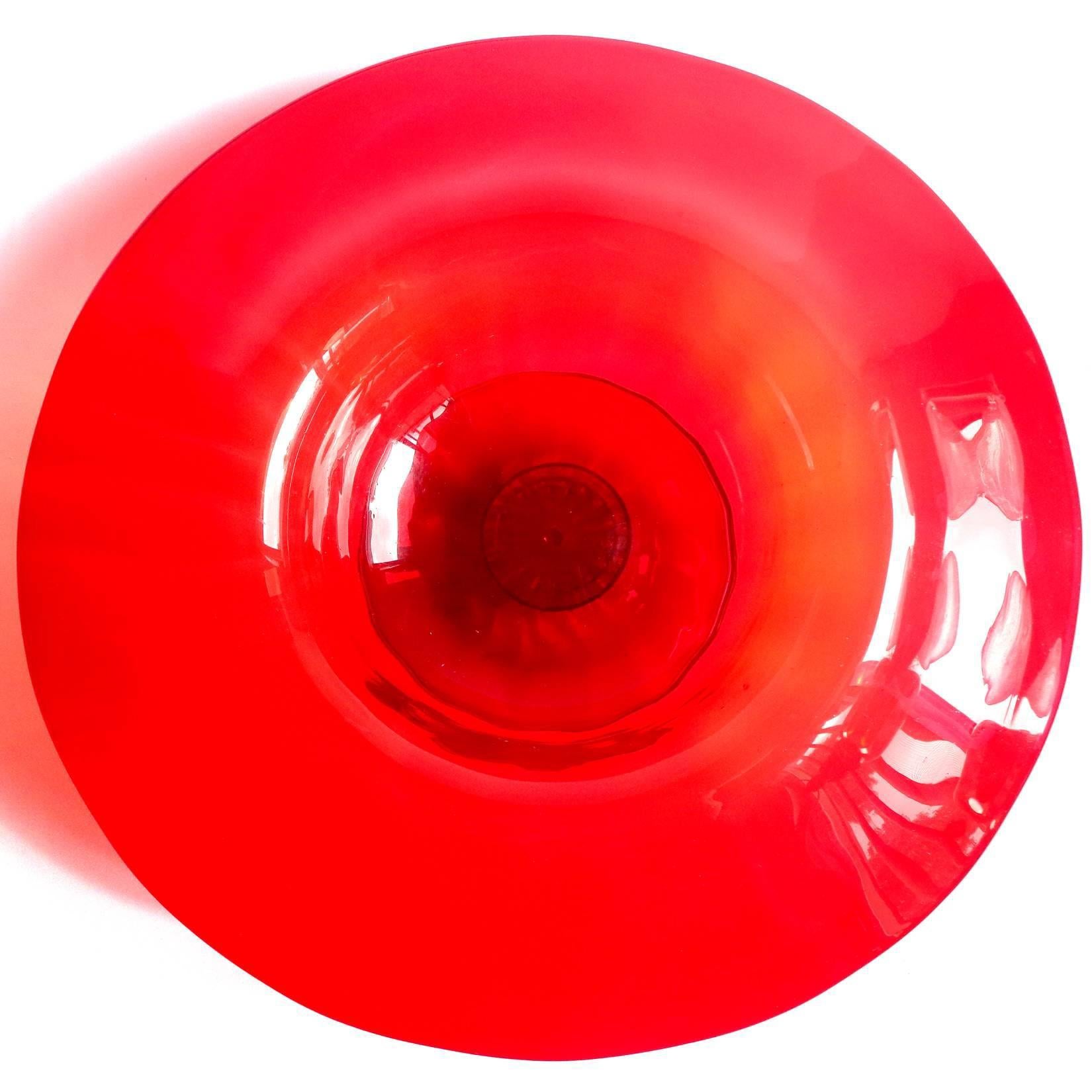 Beautiful, large antique Murano hand blown ruby red Italian art glass centerpiece bowl with gold flecks. Created in the manner of the Venini and Salviati companies, in the Venetian / Veronese style. Gorgeous color and elegant design. The bowl has an