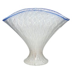 Murano Venetian Antique White Ribbons Italian Art Glass Fan Shaped Flower Vase