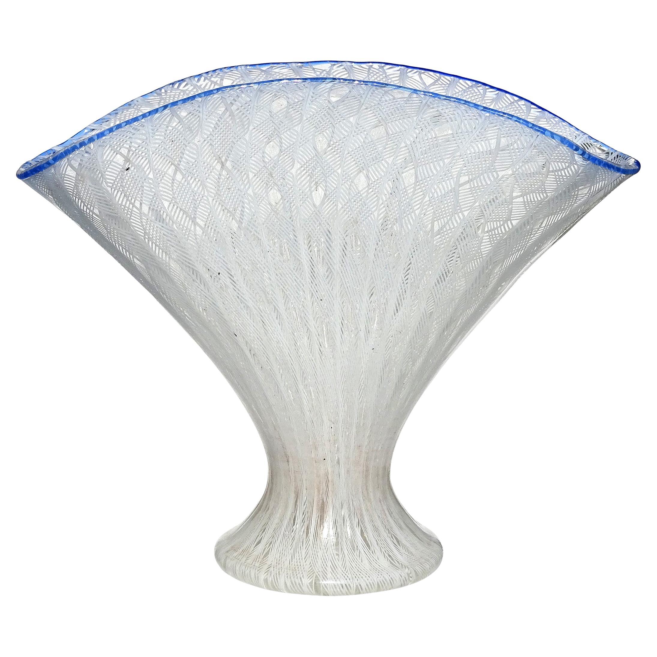 Murano Venezianische Antike Weiße Bänder Italienische Kunst Glas Fächerförmige Blumenvase