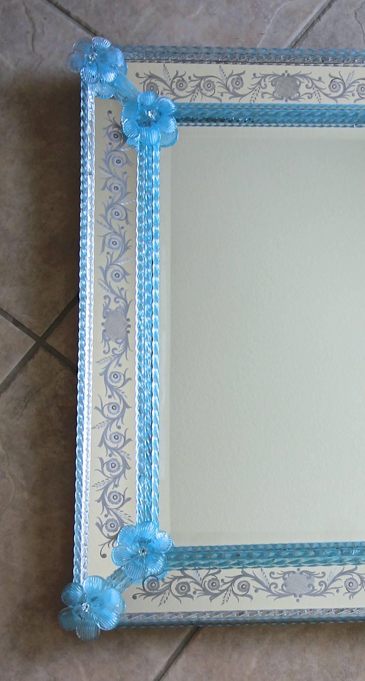 Murano Venetian Blue Floral Etched Wall Mirror 4