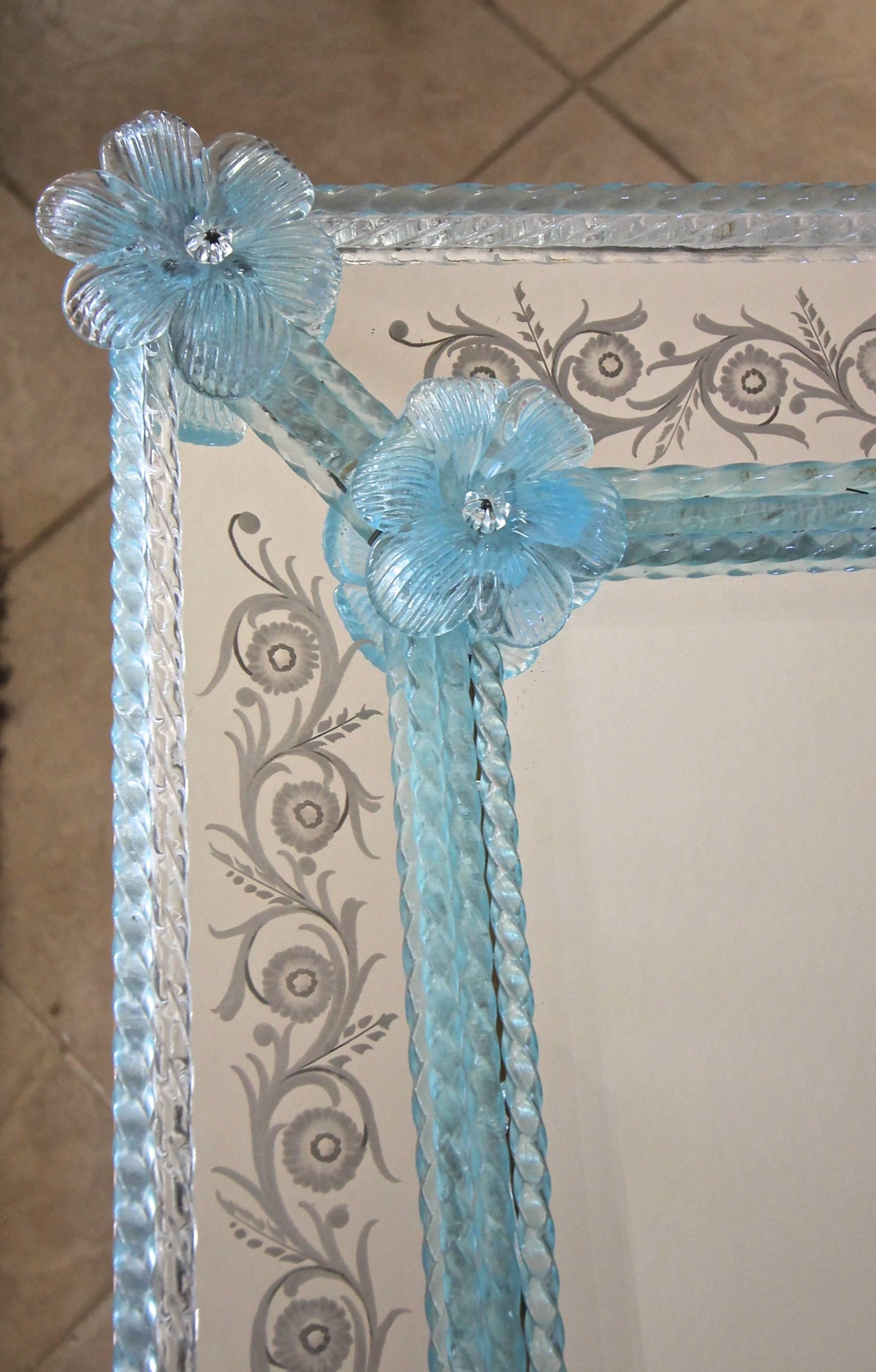 Murano Venetian Blue Floral Etched Wall Mirror 5