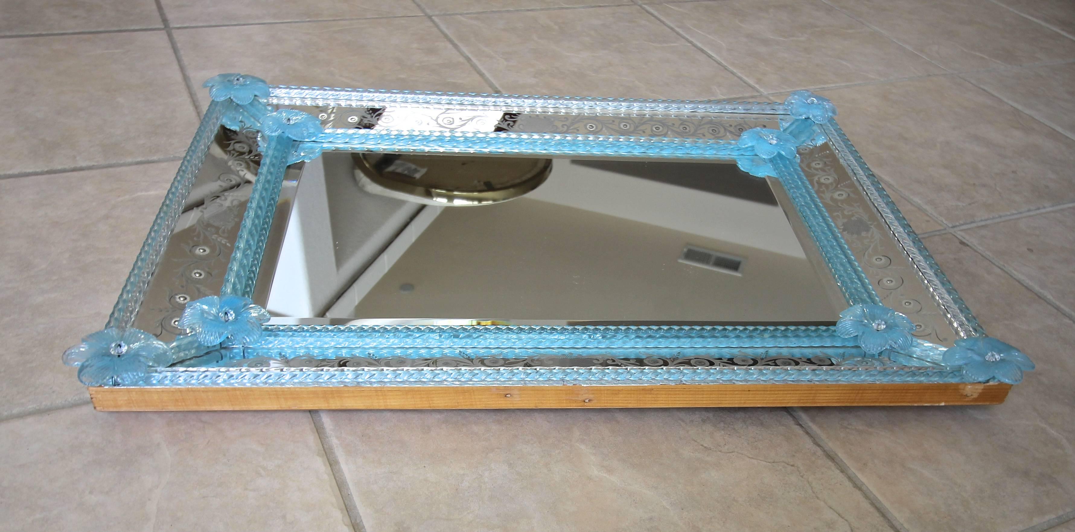Murano Venetian Blue Floral Etched Wall Mirror 7