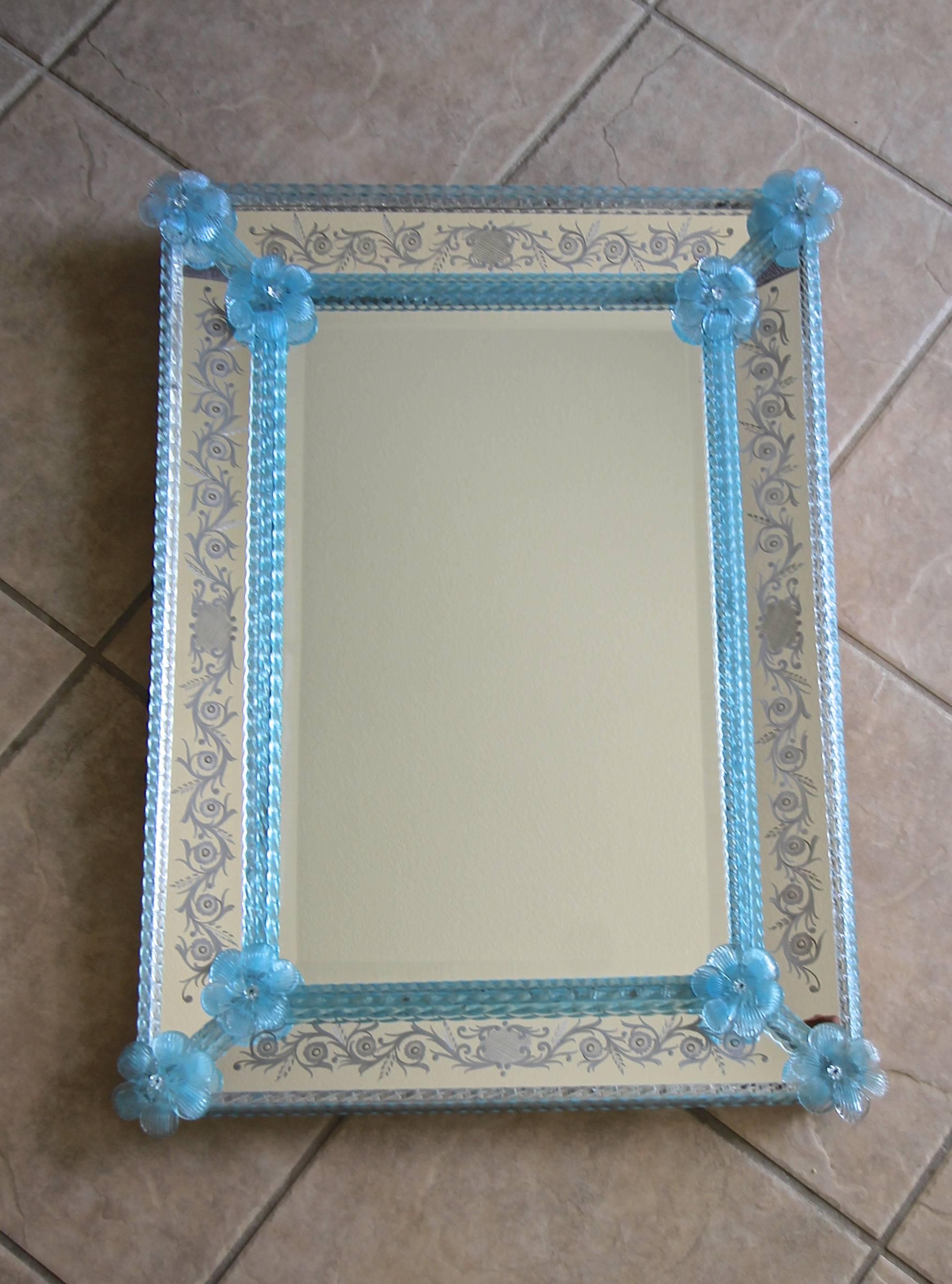 Murano Venetian Blue Floral Etched Wall Mirror 10