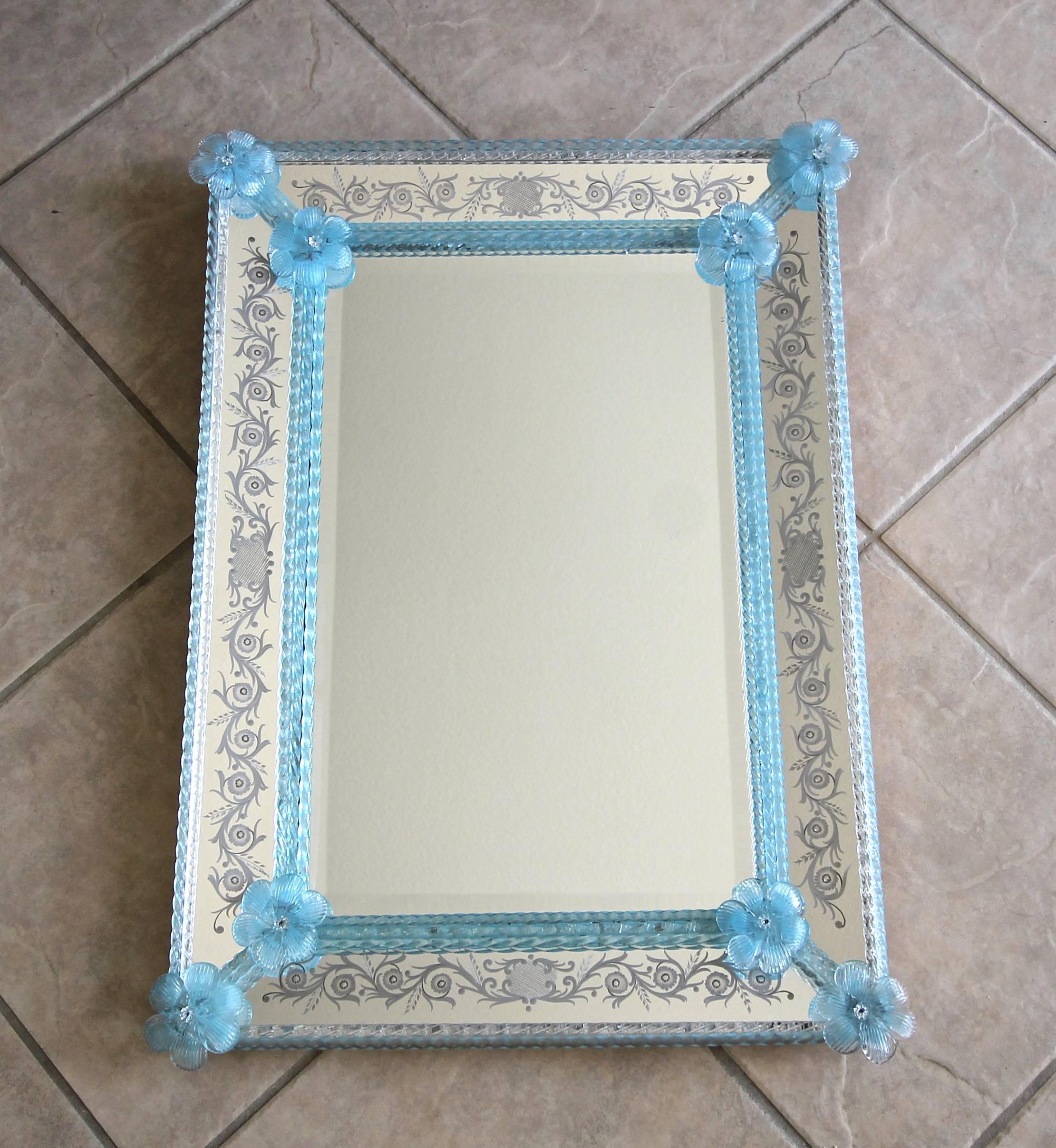 Murano Venetian Blue Floral Etched Wall Mirror 11