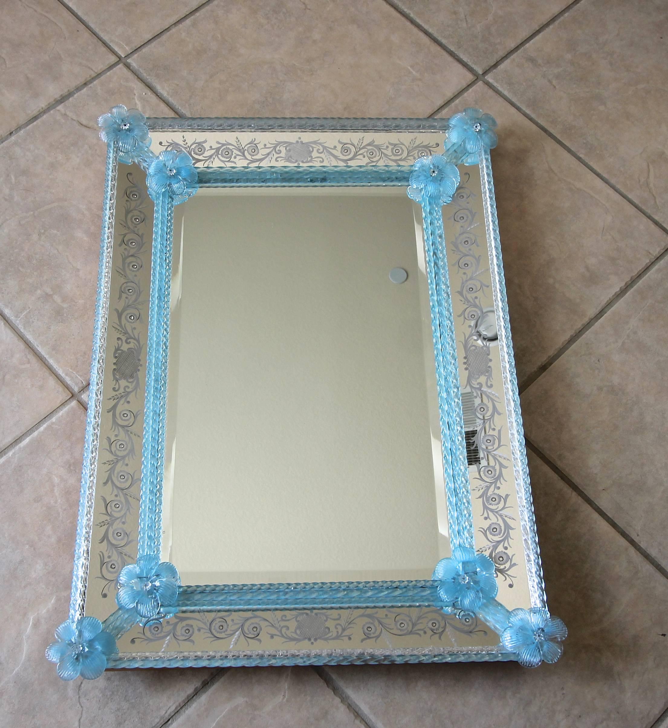 Murano Venetian Blue Floral Etched Wall Mirror In Good Condition In Palm Springs, CA