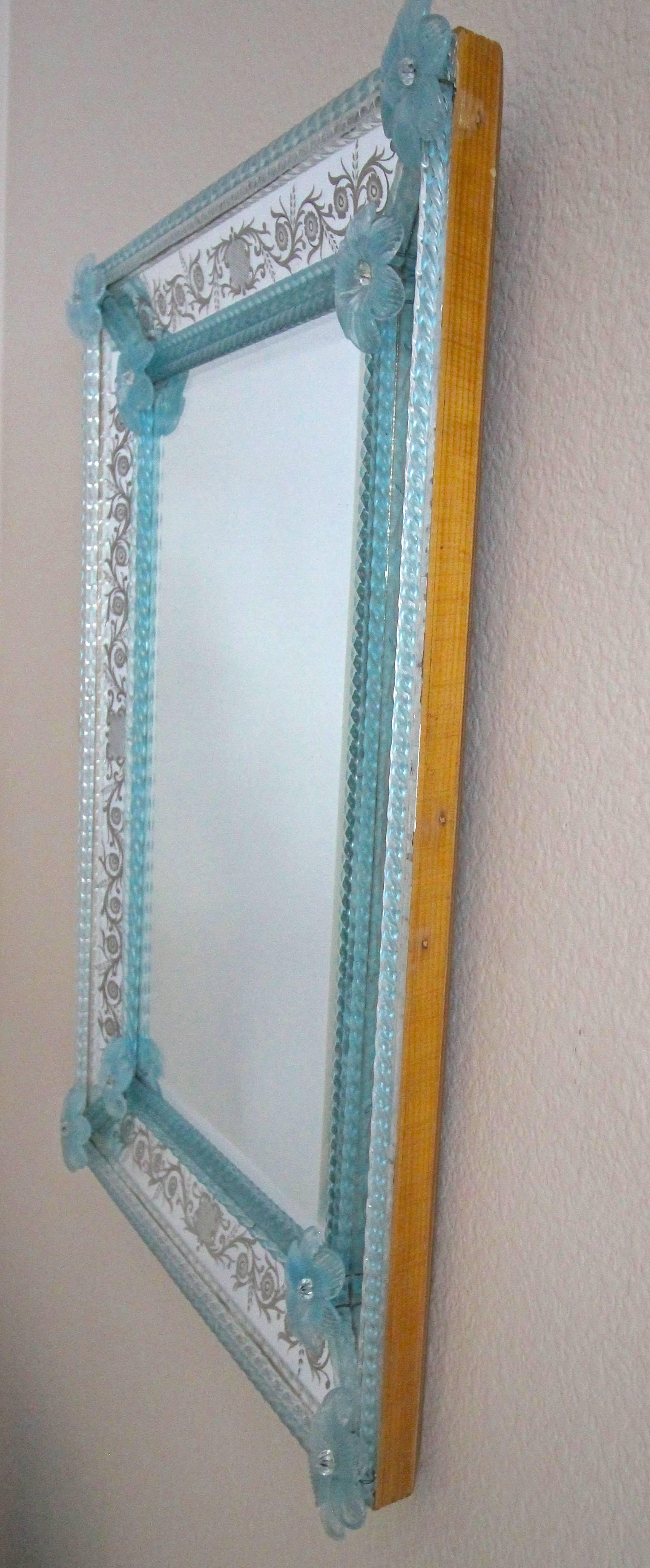 Murano Venetian Blue Floral Etched Wall Mirror 1