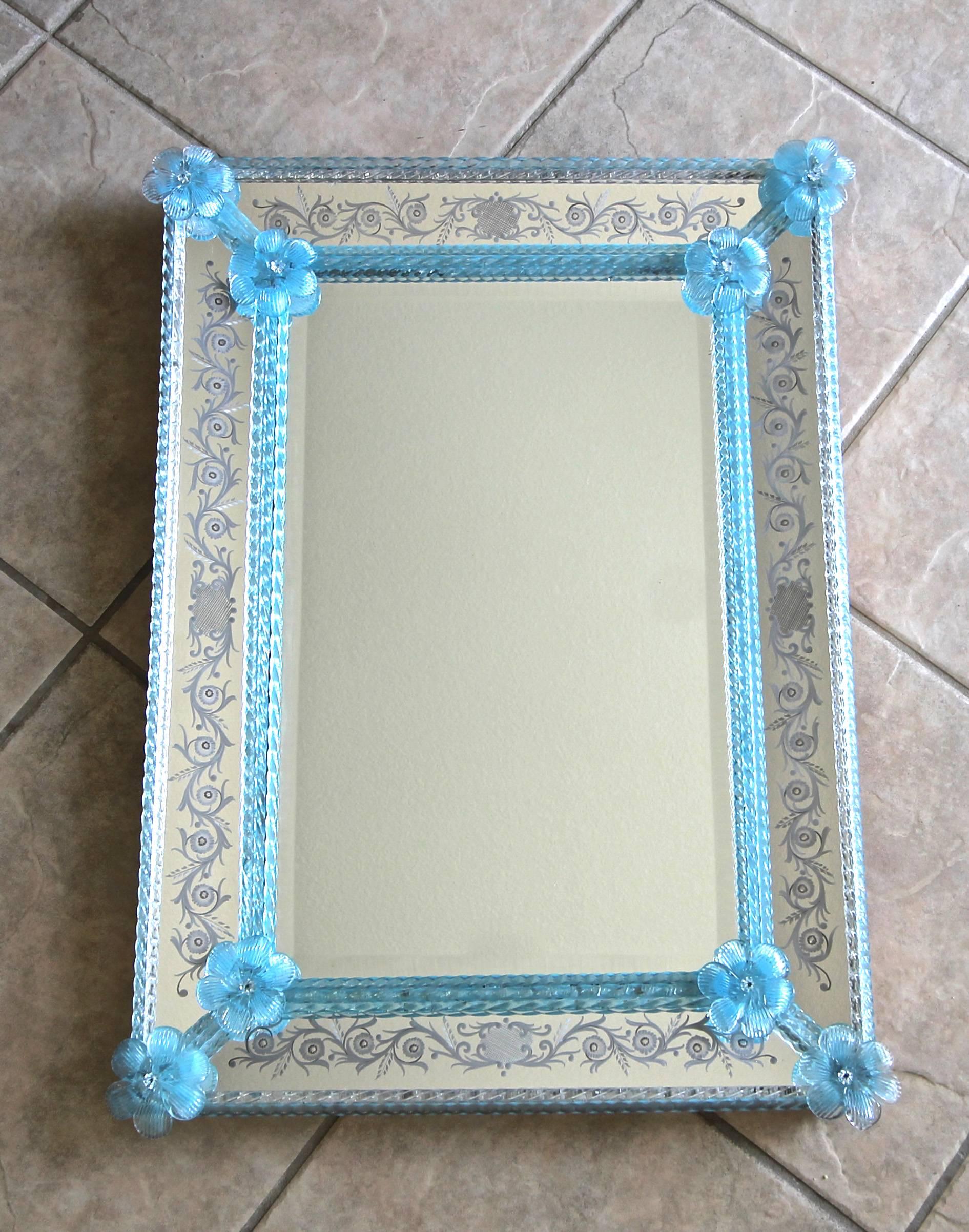 Murano Venetian Blue Floral Etched Wall Mirror 2