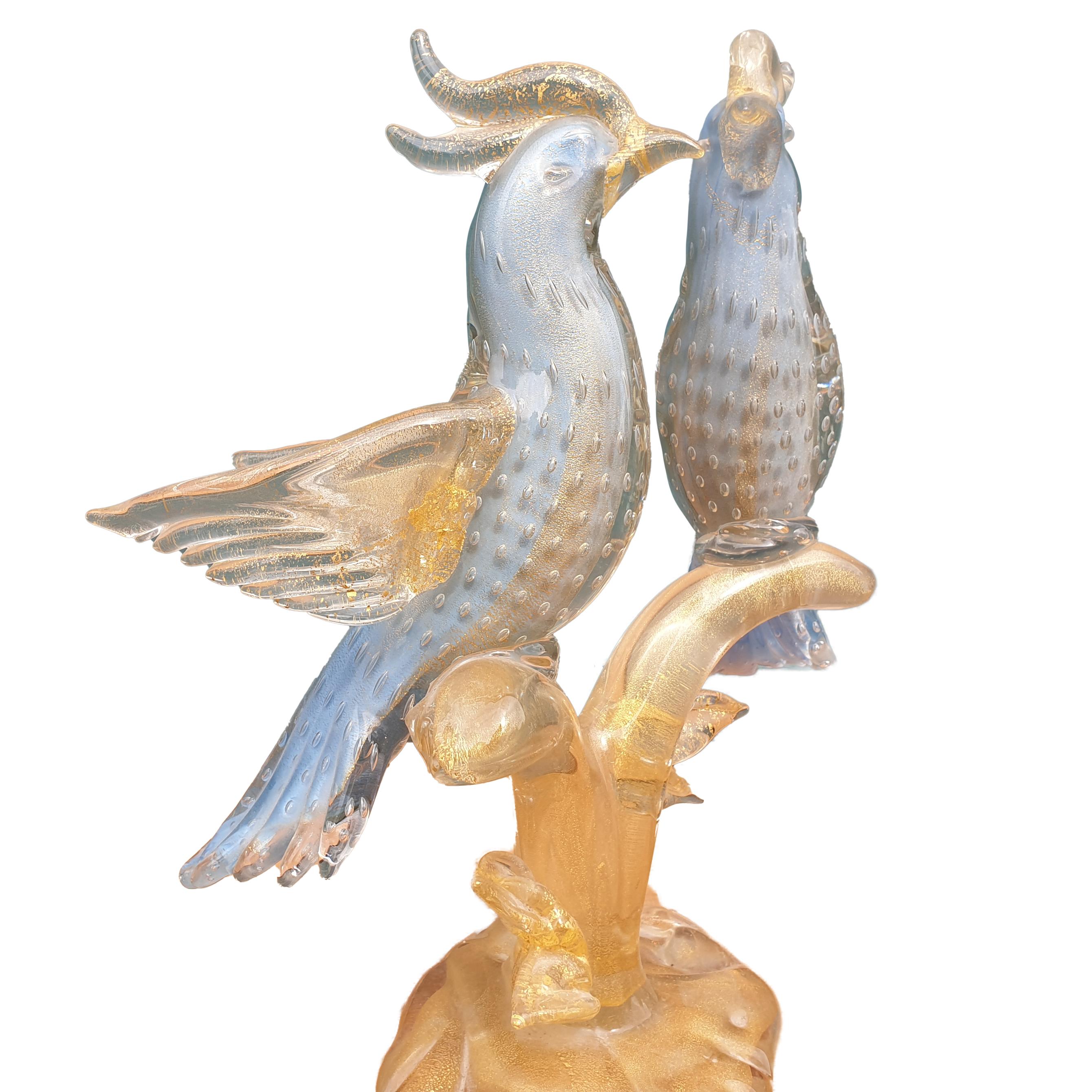 Stunning Murano Venetian Blue Gold Fleck Bird figurine sculpture depicting two birds sitting on a tree branch. Commonly known as the 