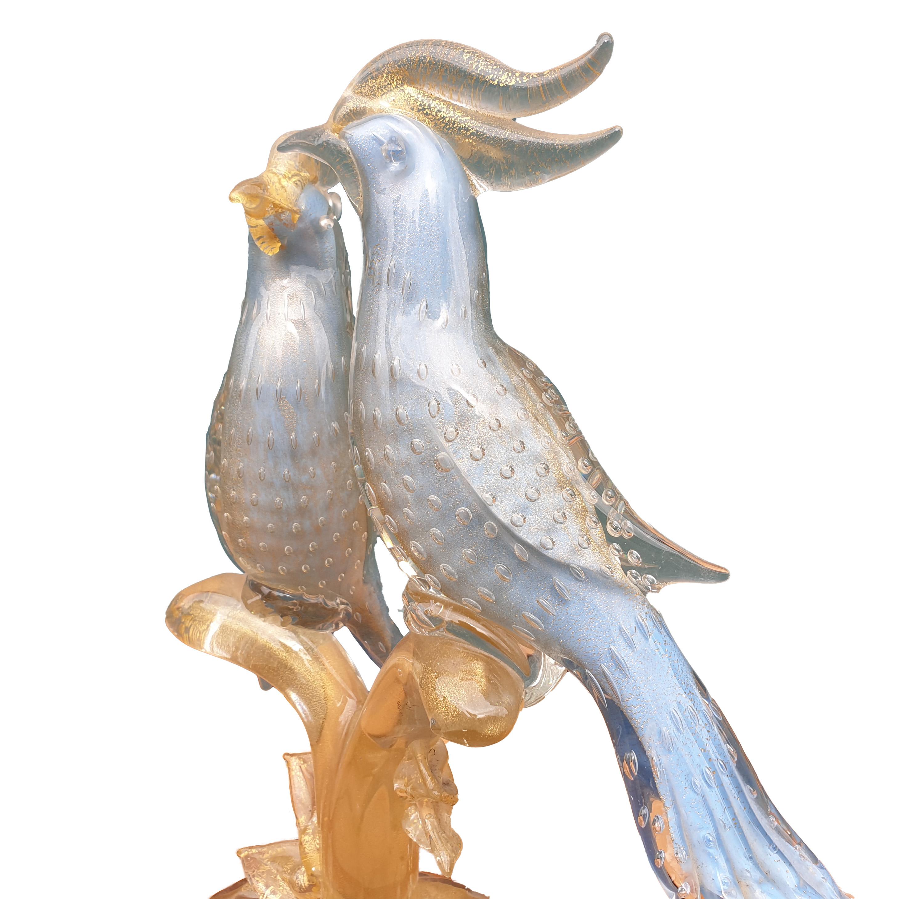 Mid-Century Modern Murano Venetian Blue Gold Fleck Cockatoo Birds For Sale