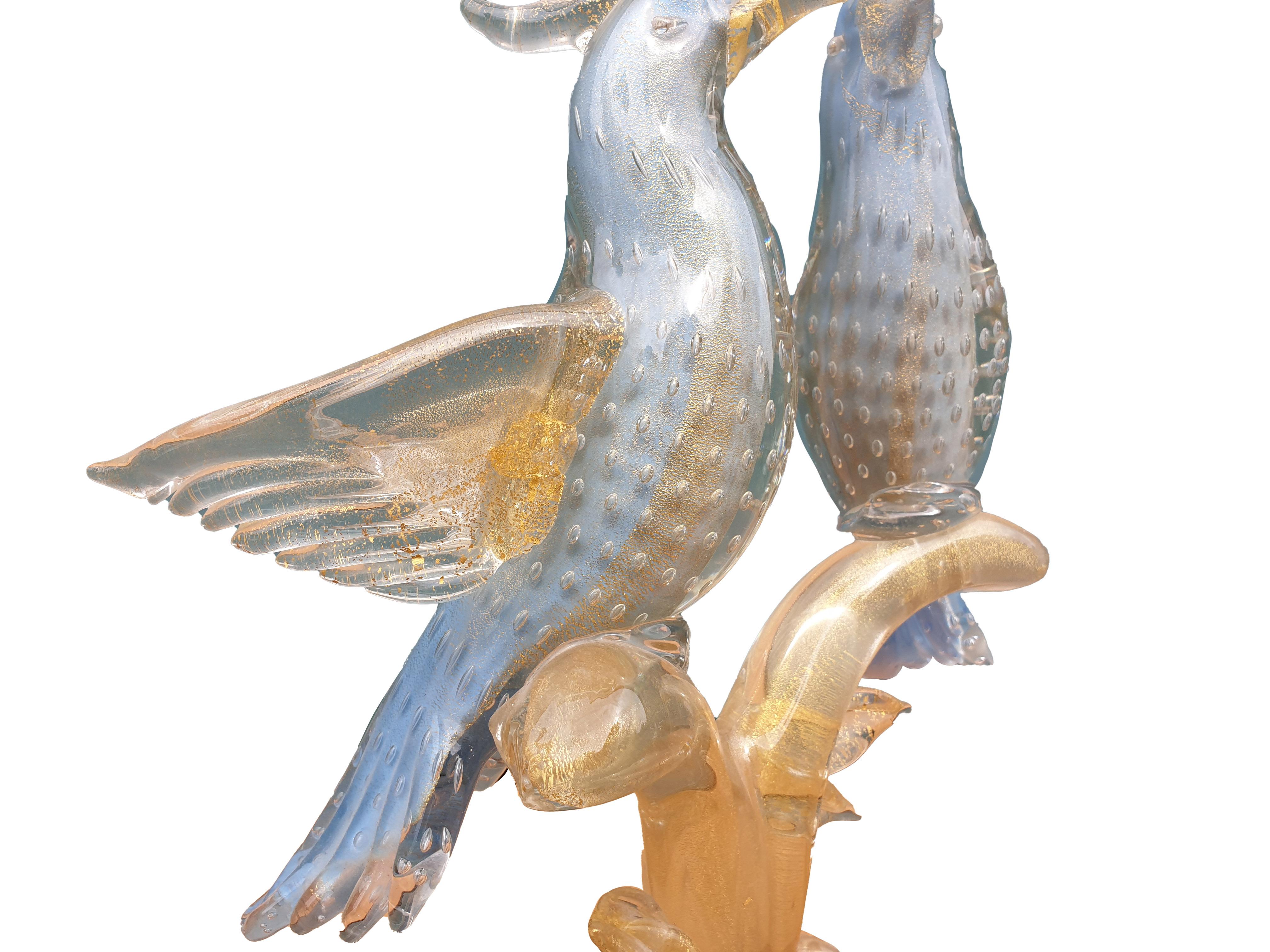 Hand-Crafted Murano Venetian Blue Gold Fleck Cockatoo Birds For Sale