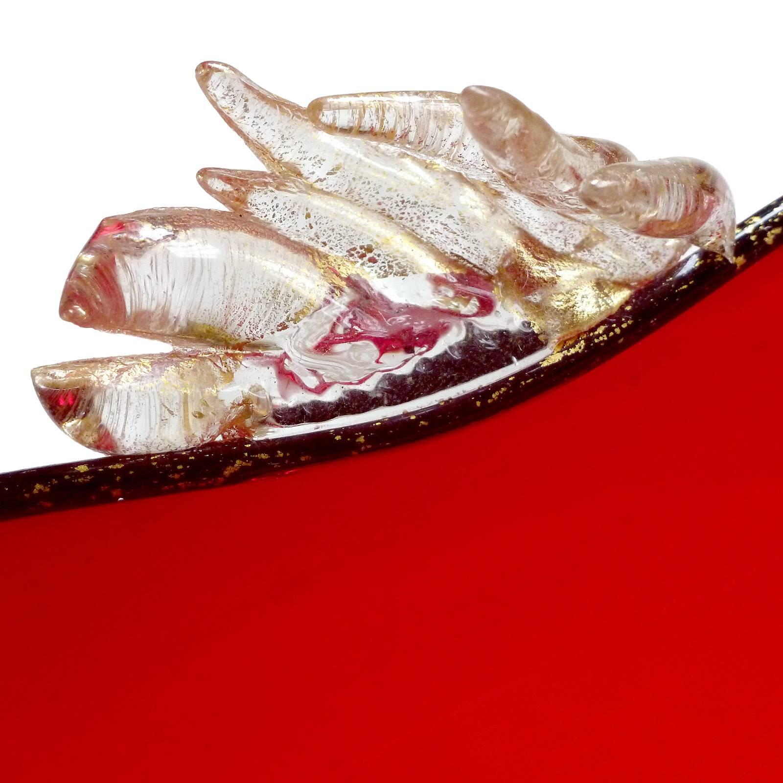Art Deco Murano Venetian Bright Red Applied Gold Leafs Italian Art Glass Footed Bowl Dish For Sale