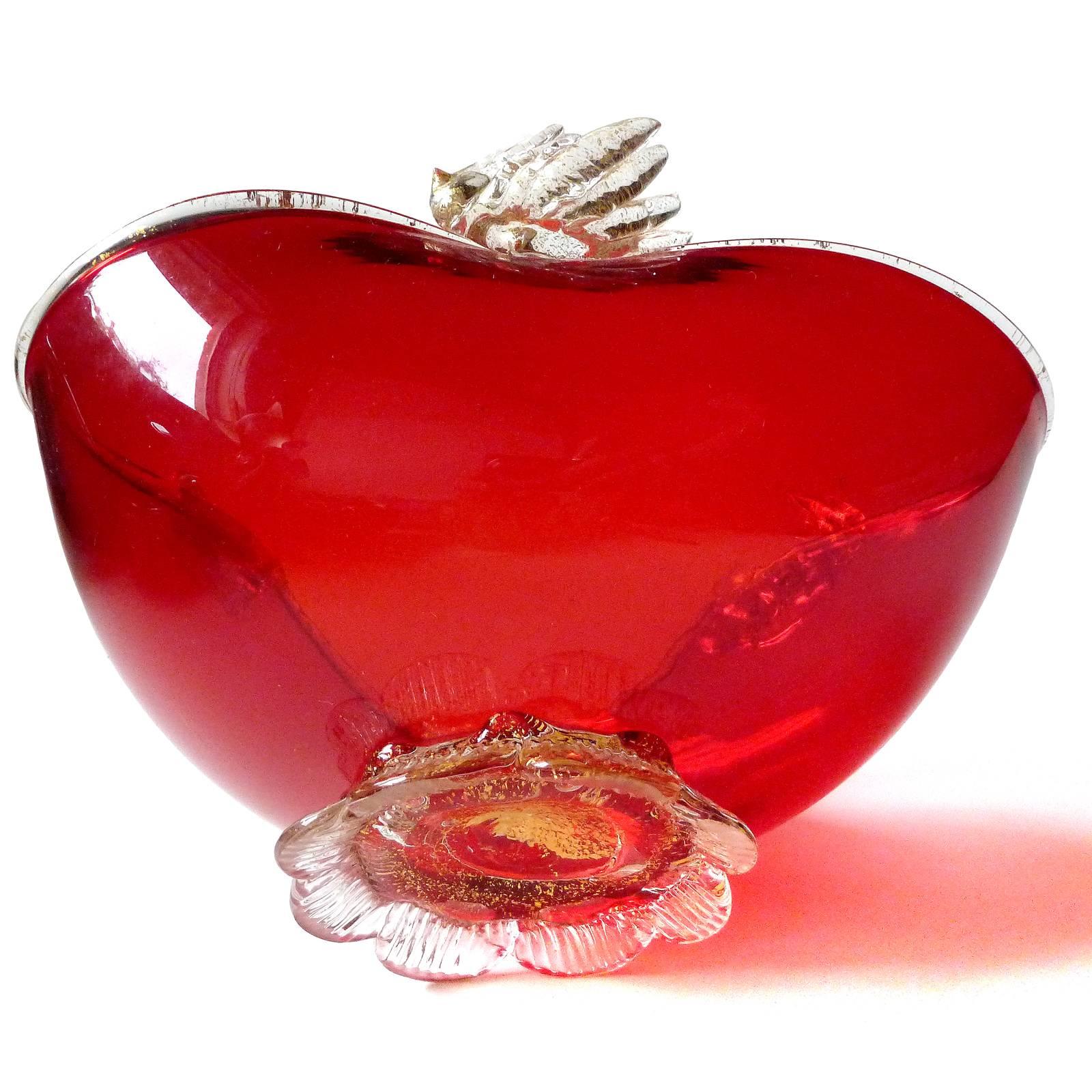 Hand-Crafted Murano Venetian Bright Red Applied Gold Leafs Italian Art Glass Footed Bowl Dish For Sale