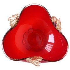 Vintage Murano Venetian Bright Red Applied Gold Leafs Italian Art Glass Footed Bowl Dish