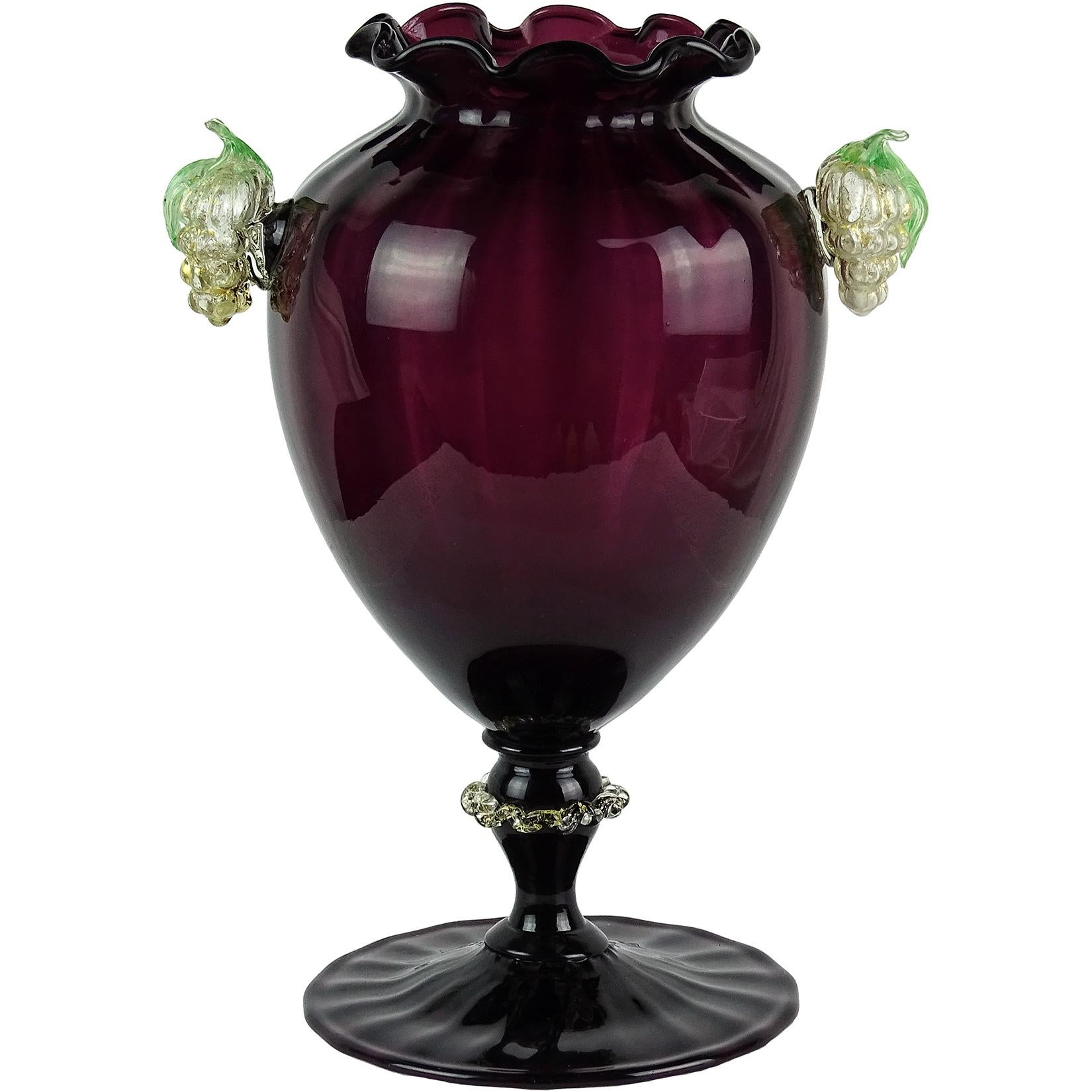 Murano Venetian Deep Purple with Attached Grapes Italian Art Glass Flower Vase