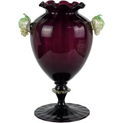 Murano Venetian Deep Purple with Attached Grapes Italian Art Glass Flower Vase