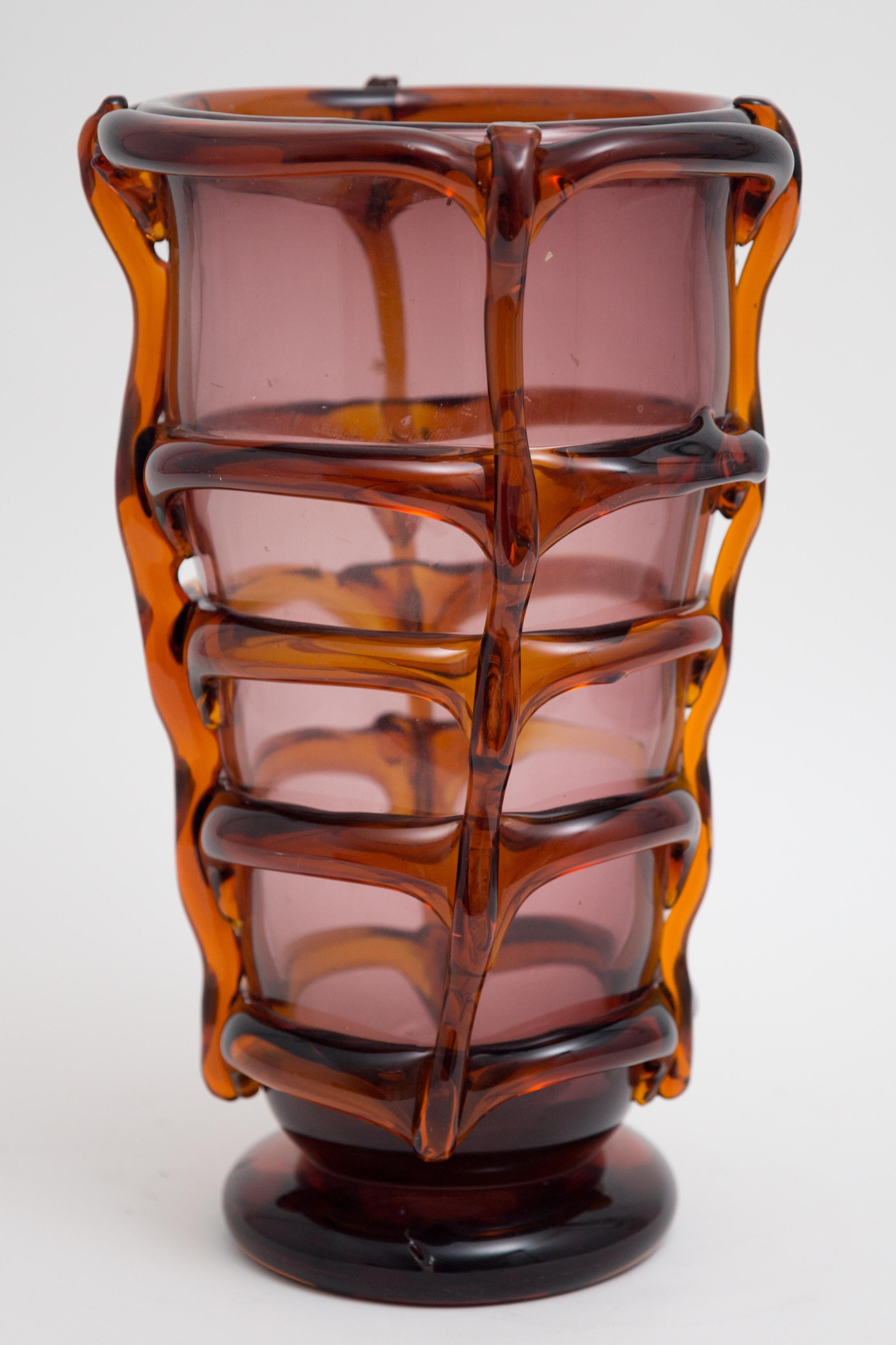 Offered is a midcentury large hand blown one of a kind art glass vase attributed to Flavio Poli. Flavio Poli was an Italian glass designer known for his masterful vases and lamps. Born in 1900 in Chioggia, Italy, Poli received his formal training at