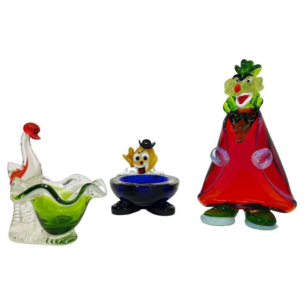 Murano Venetian Glass Clowns and Swan, Italy, 1970s For Sale