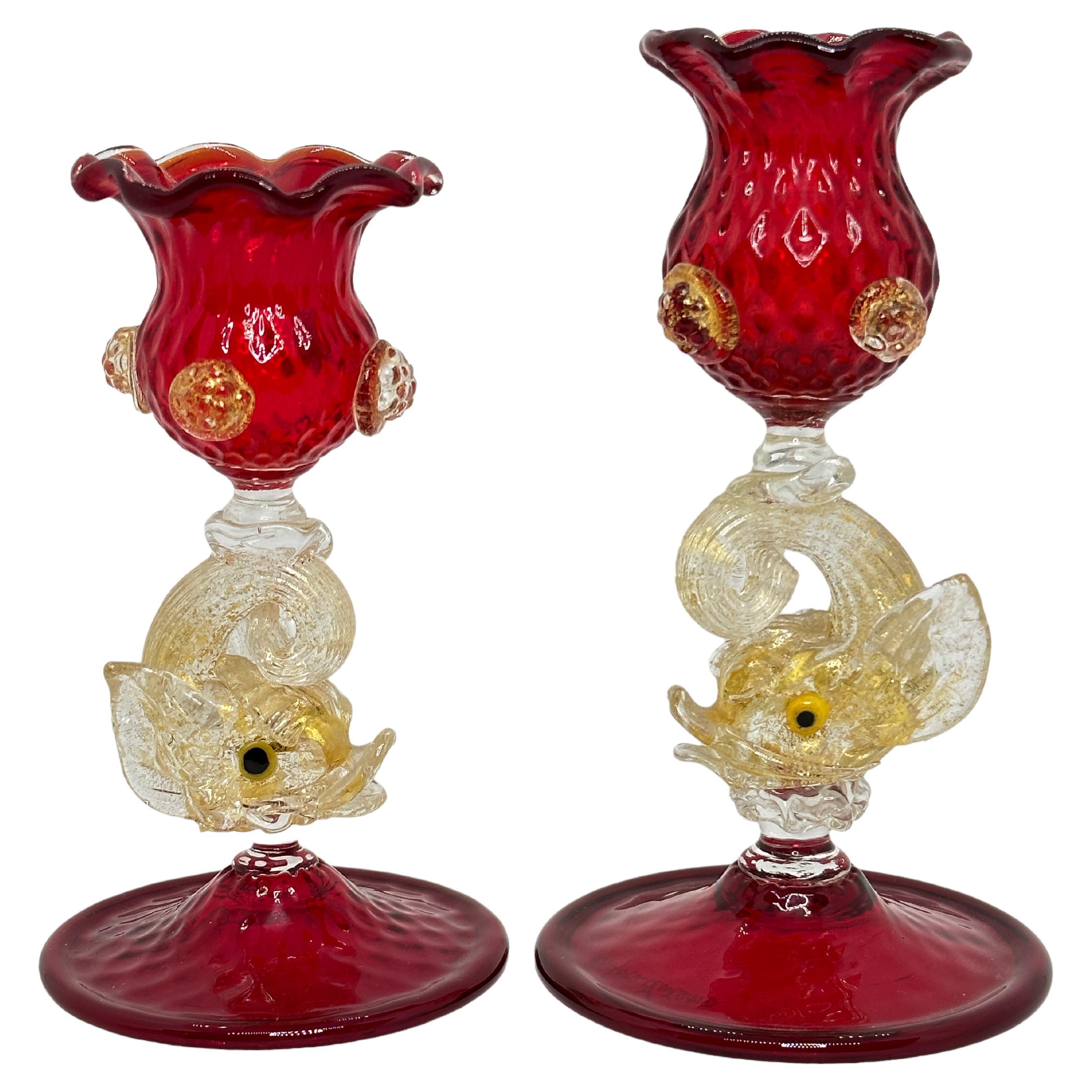Murano Venetian Glass Salviati Ruby Red Dolphin Candlesticks Candle Holders For Sale