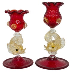 Antique Murano Venetian Glass Salviati Ruby Red Dolphin Candlesticks Candle Holders