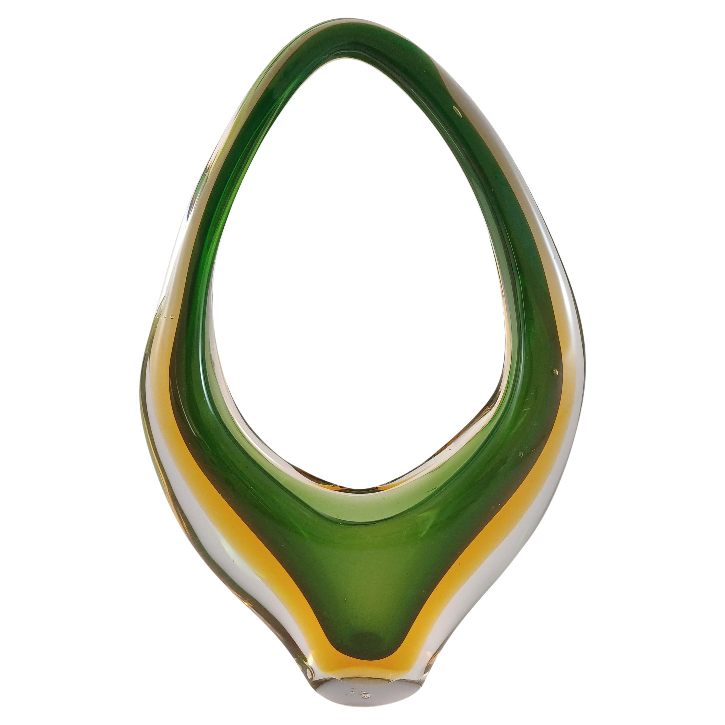 Jarrón cesta de cristal Murano / Veneciano verde y ámbar Sommerso