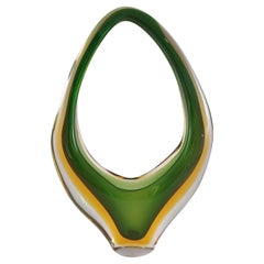 Jarrón cesta de cristal Murano / Veneciano verde y ámbar Sommerso