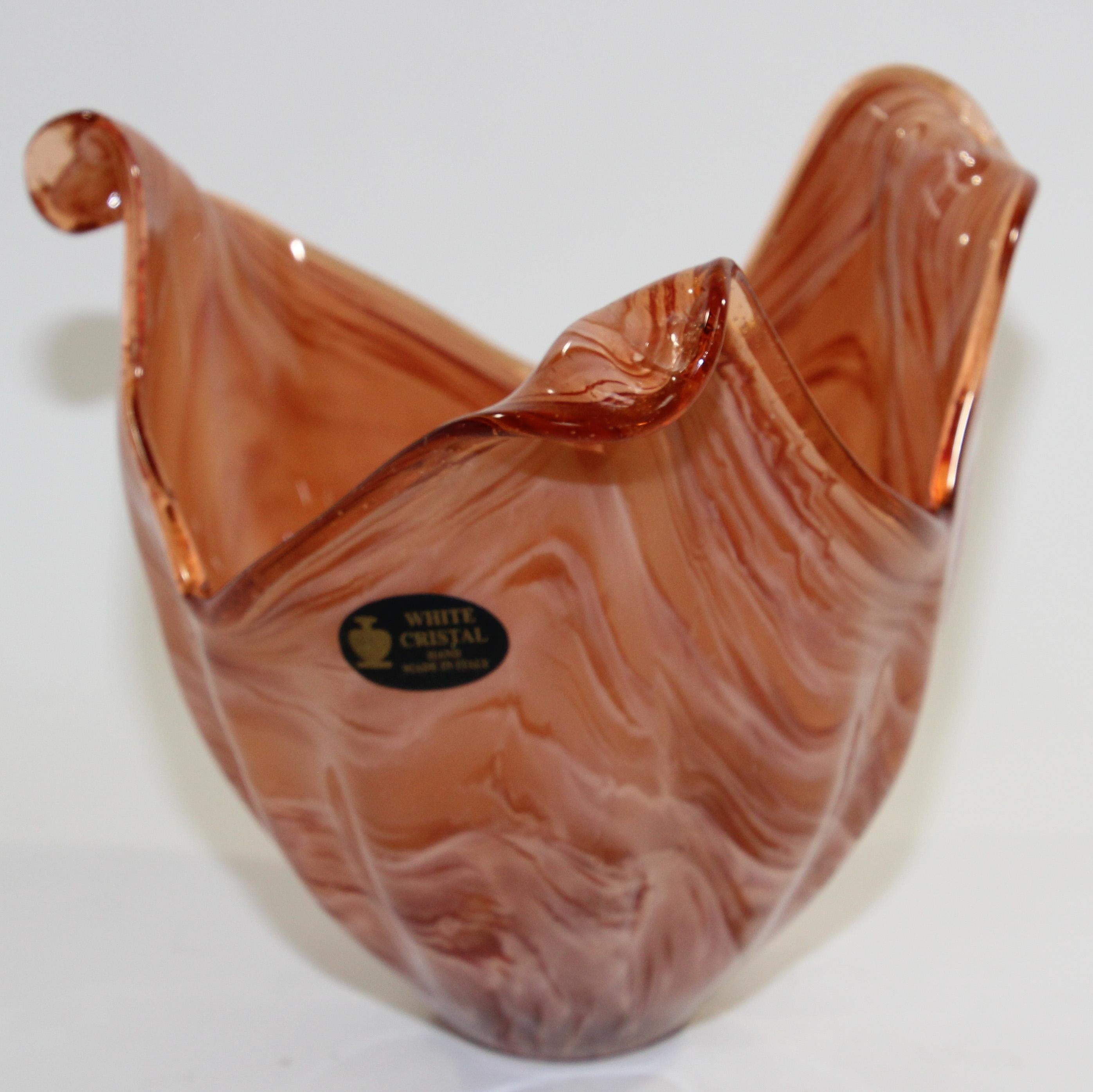 Murano Italian Hand Blown Art Glass Bowl Amber and White Crystal 9