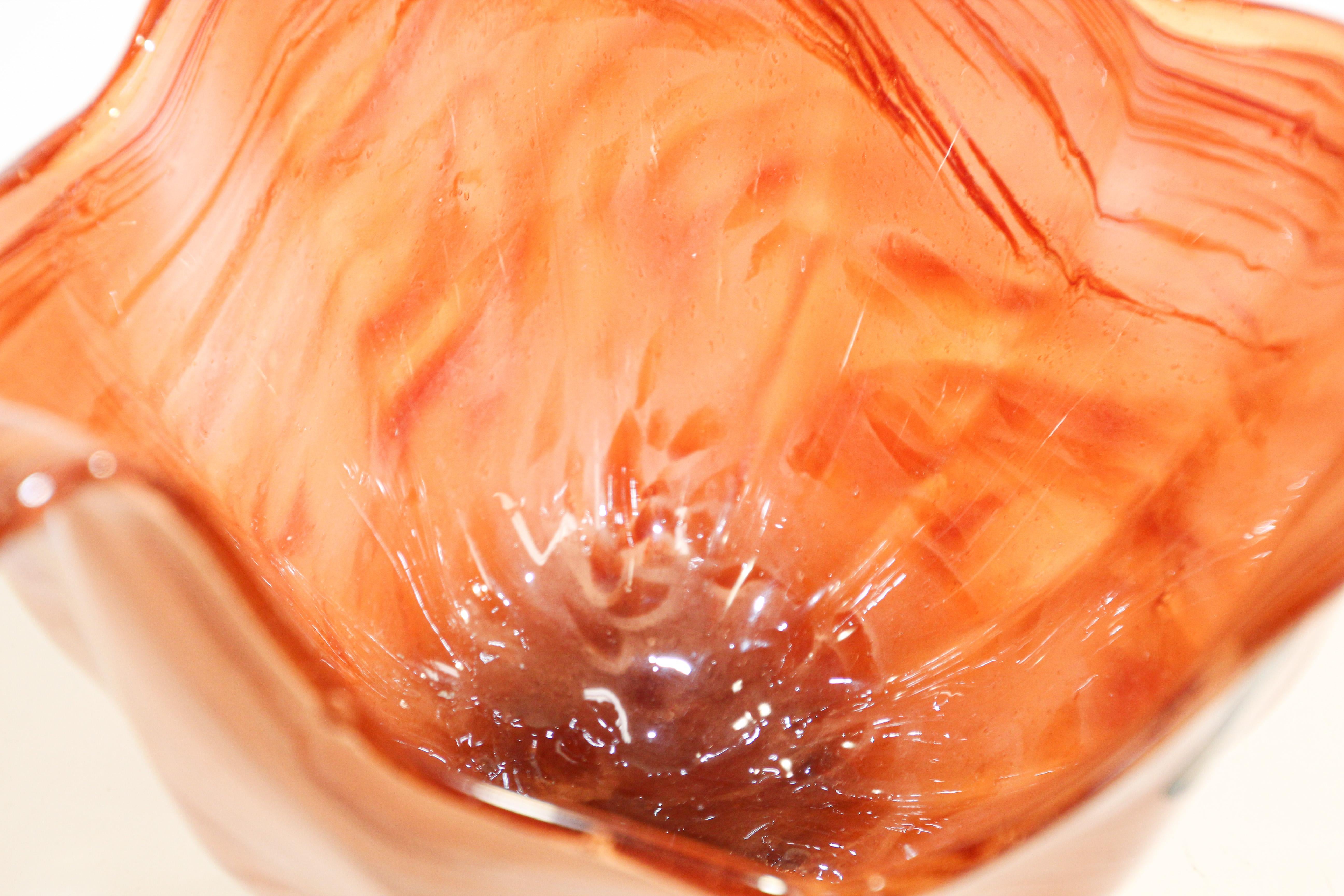 Bohemian Murano Italian Hand Blown Art Glass Bowl Amber and White Crystal