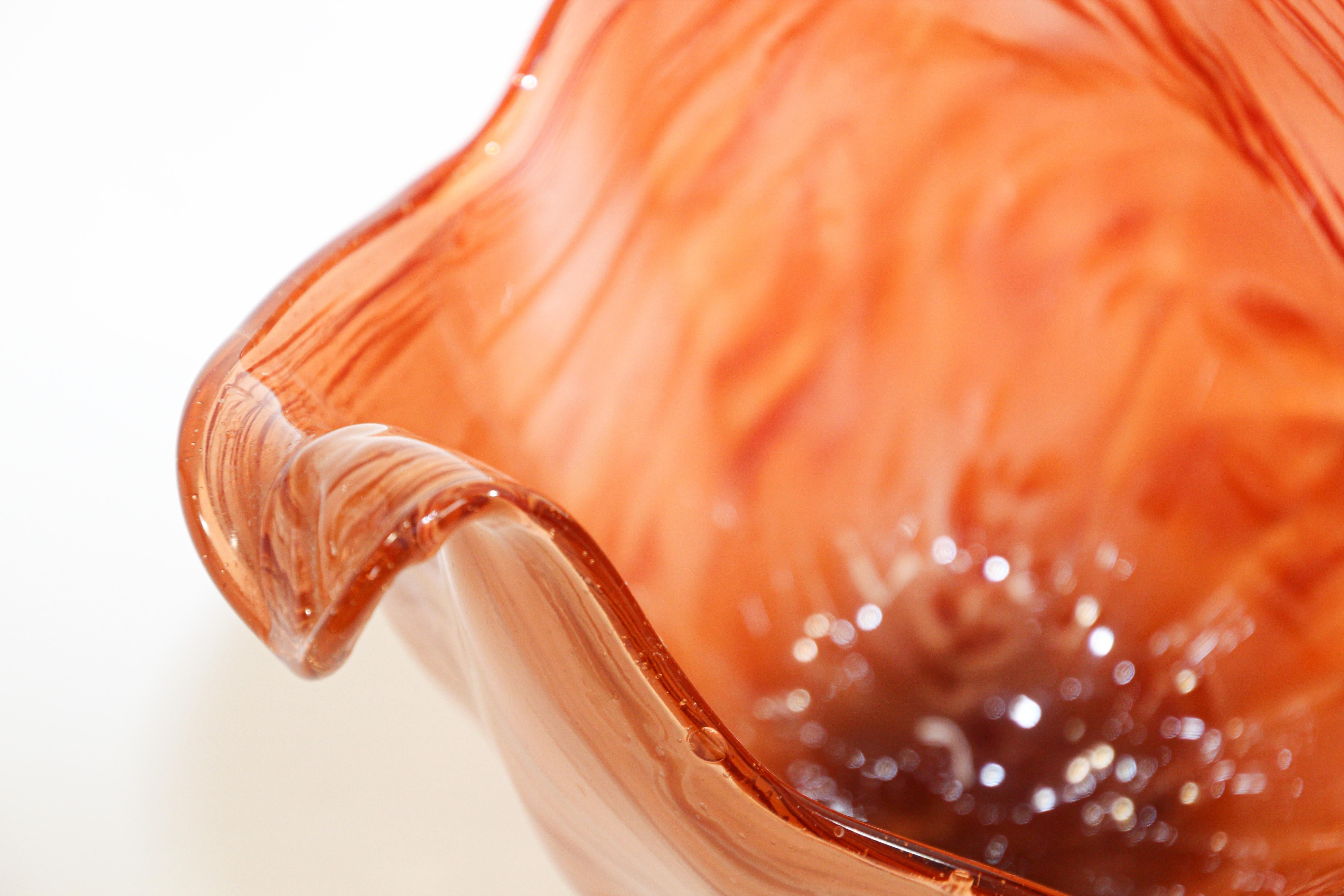Hand-Carved Murano Italian Hand Blown Art Glass Bowl Amber and White Crystal