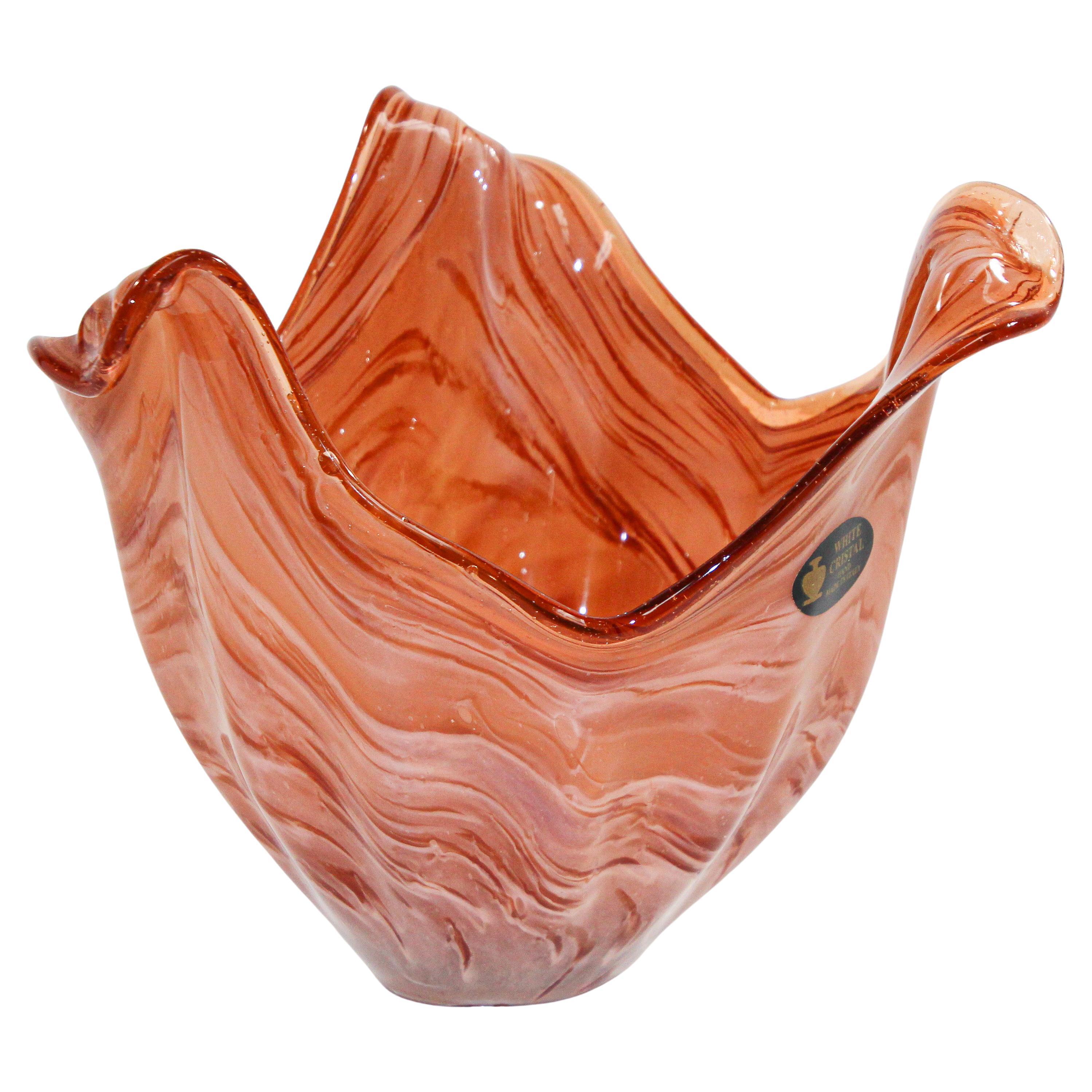 Murano Venetian Hand Blown Art Glass Bowl Amber and White Crystal
