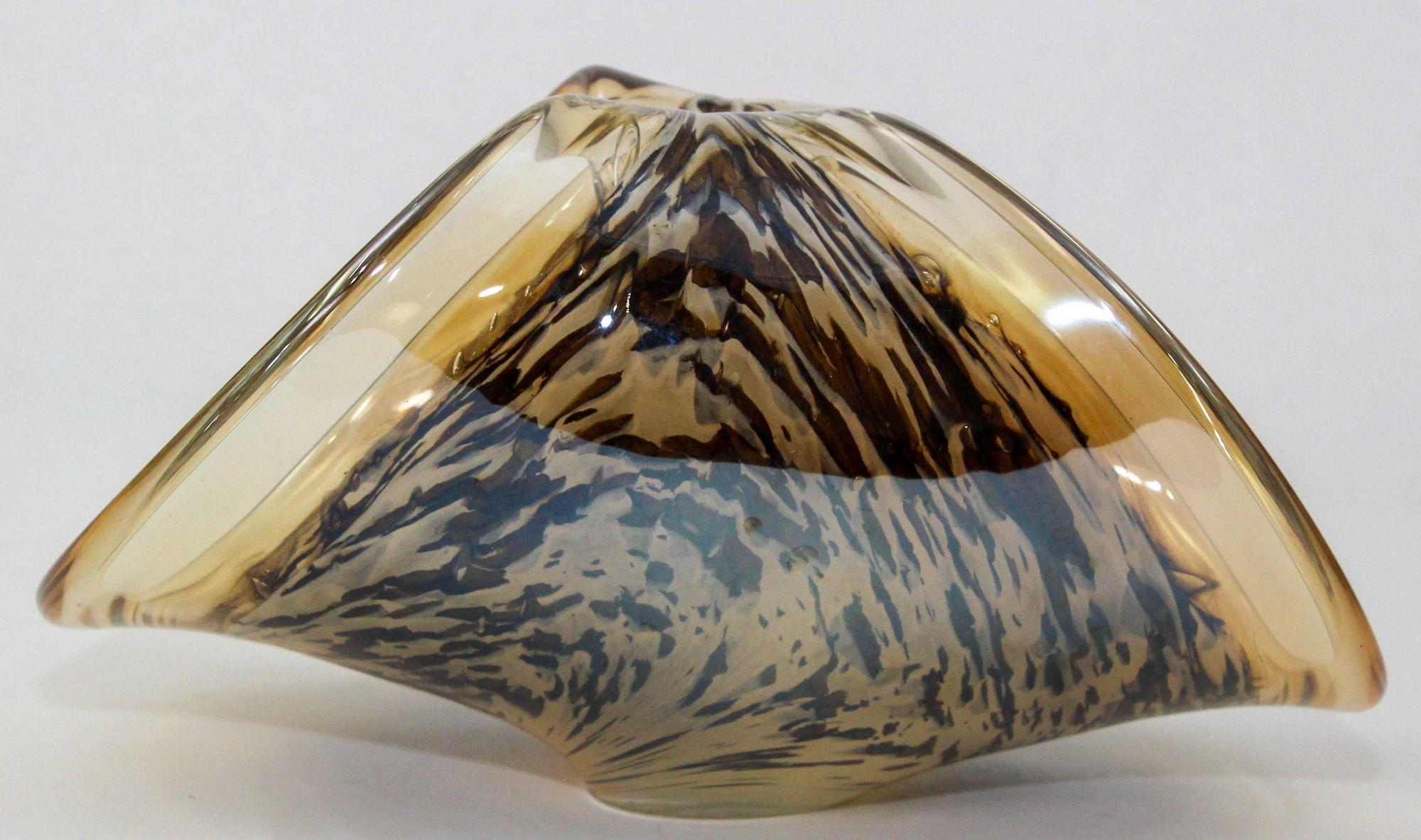 Mid-Century Modern Murano Venetian Hand Blown Art Glass Sculptural Bowl in Brown and Gold For Sale