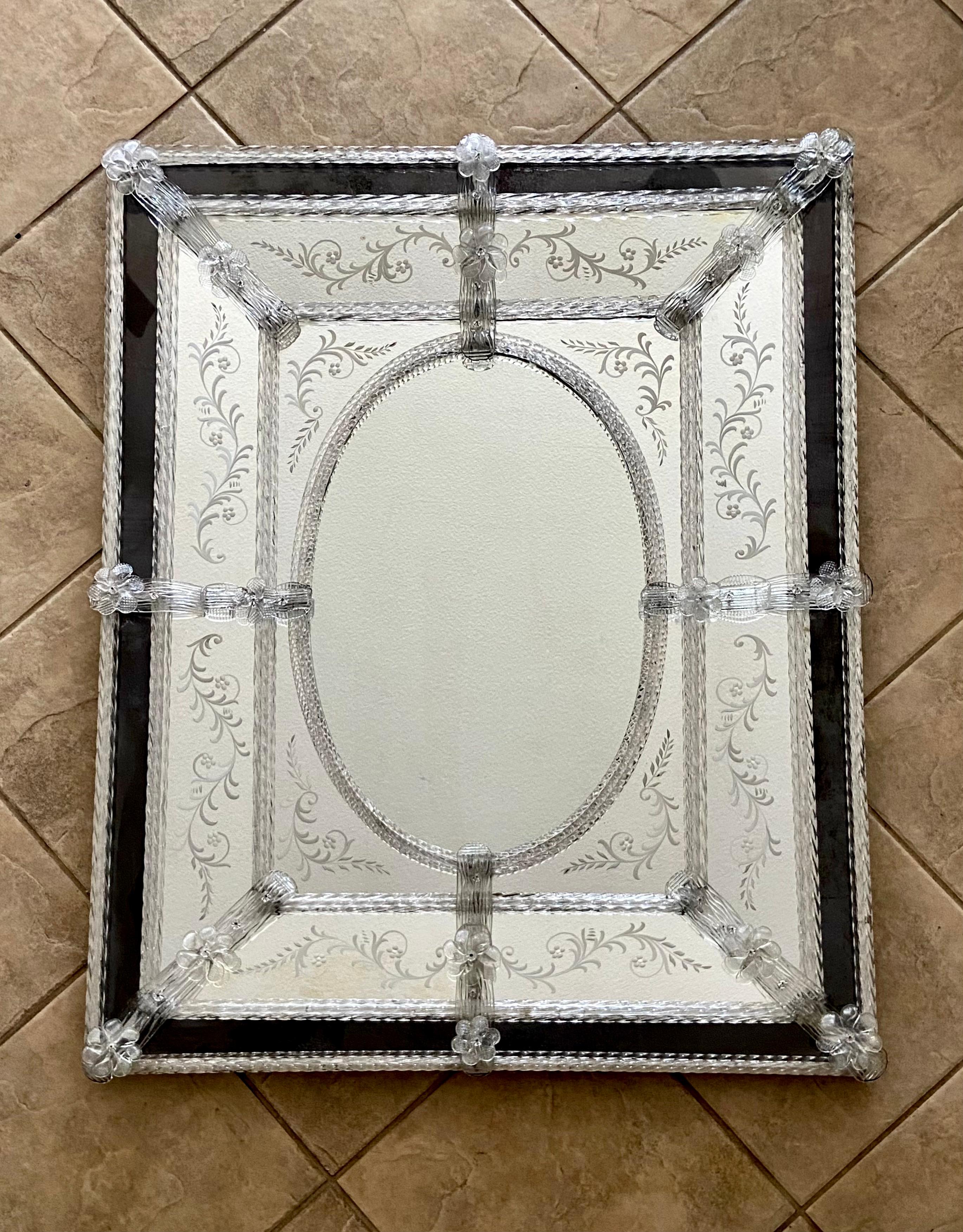 Murano Venetian Italian Rectangle Etched Floral Wall Mirror For Sale 14
