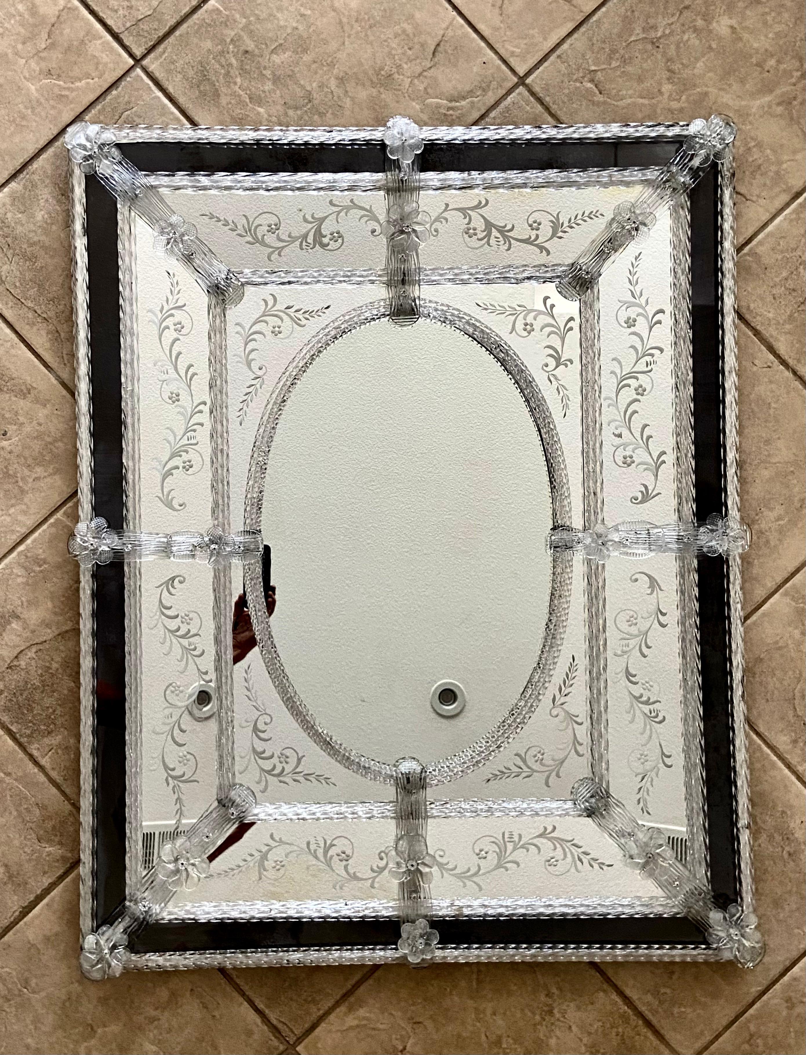 Murano Venetian Italian Rectangle Etched Floral Wall Mirror For Sale 16