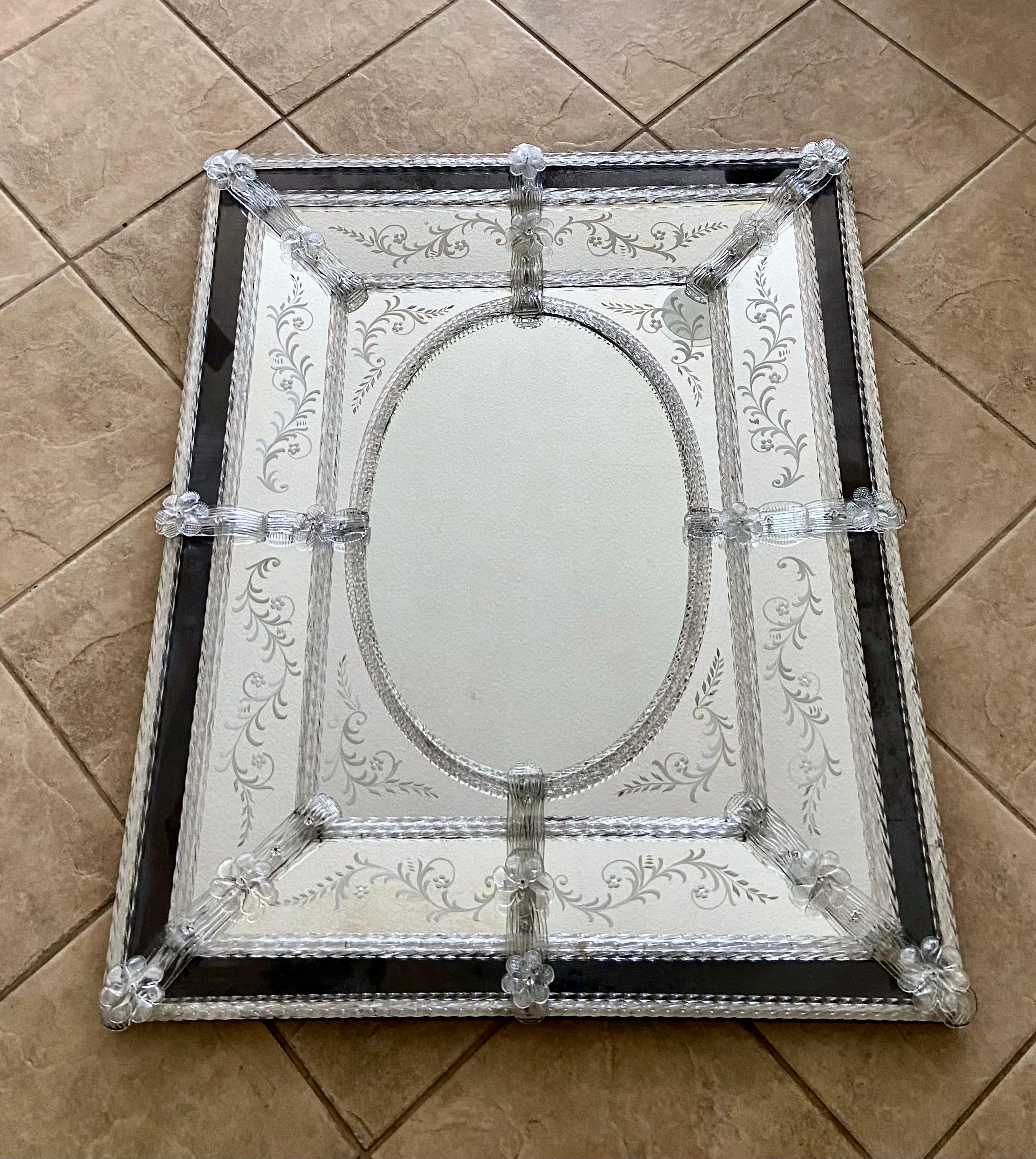 Murano Venetian Italian Rectangle Etched Floral Wall Mirror In Good Condition For Sale In Palm Springs, CA