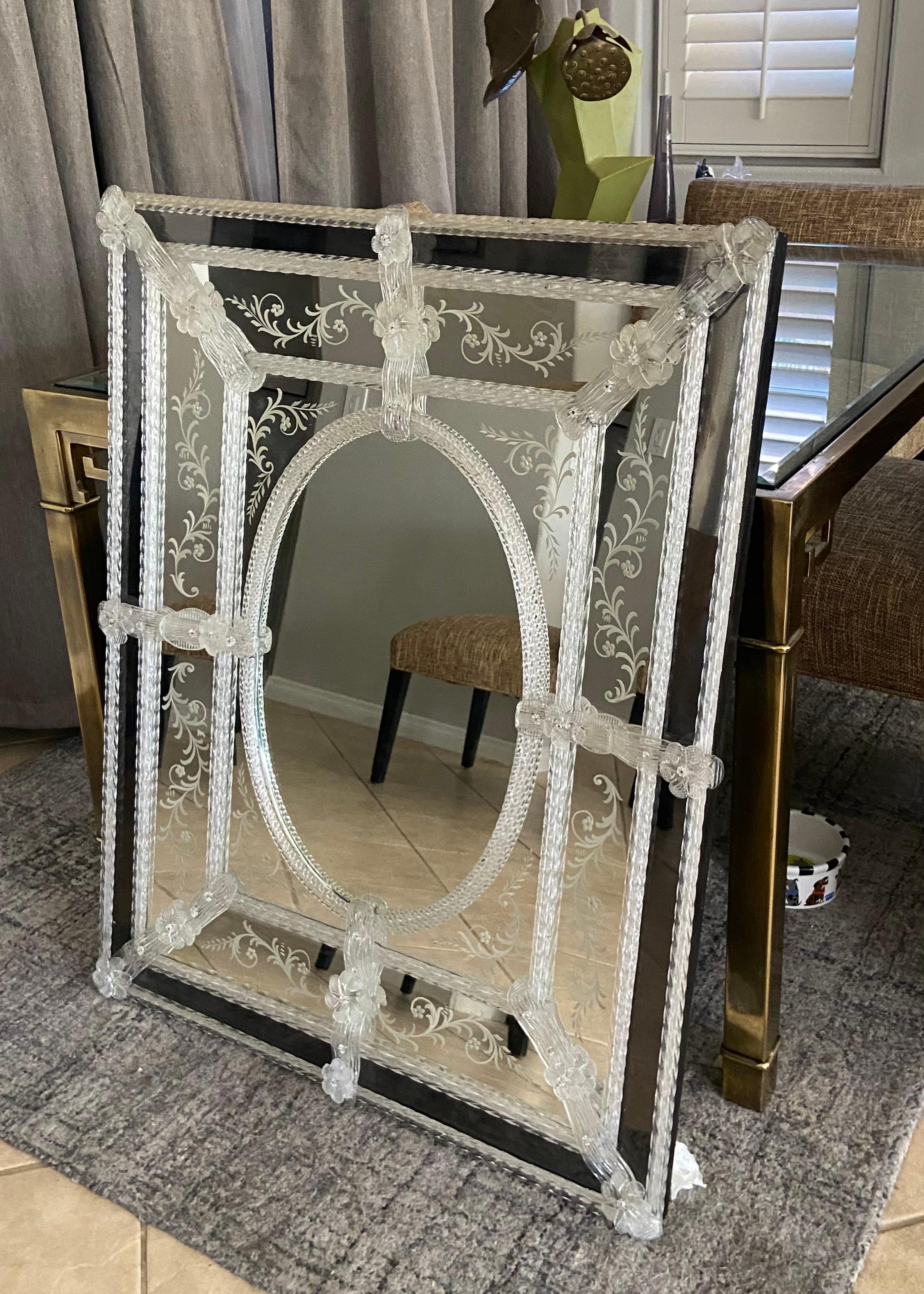 Murano Venetian Italian Rectangle Etched Floral Wall Mirror For Sale 3