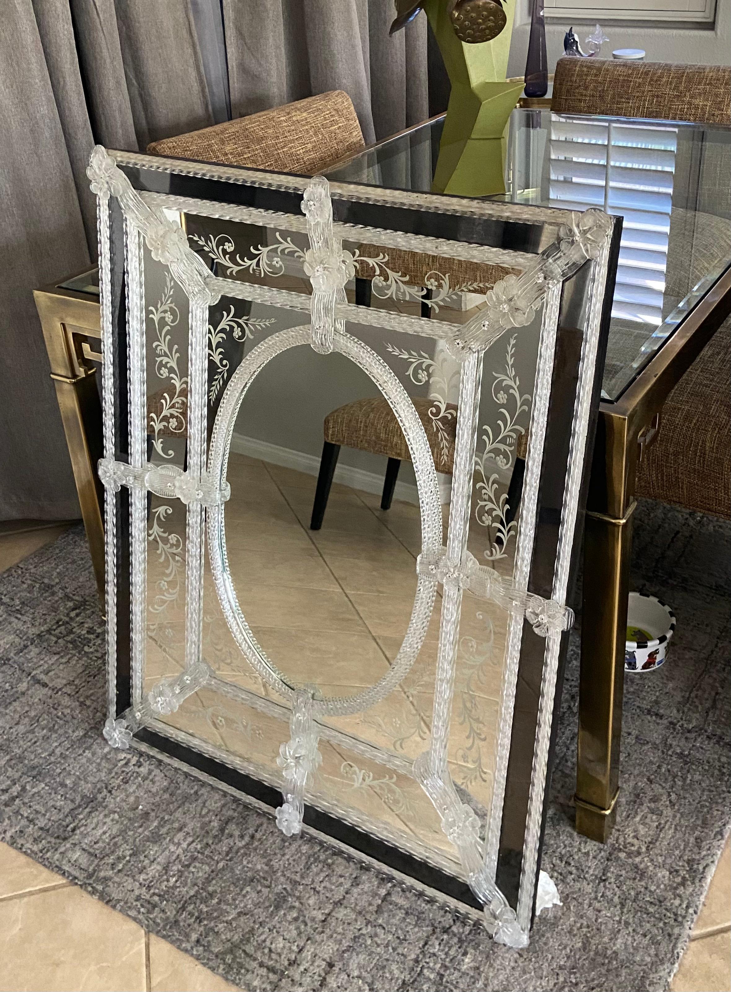Murano Venetian Italian Rectangle Etched Floral Wall Mirror For Sale 4