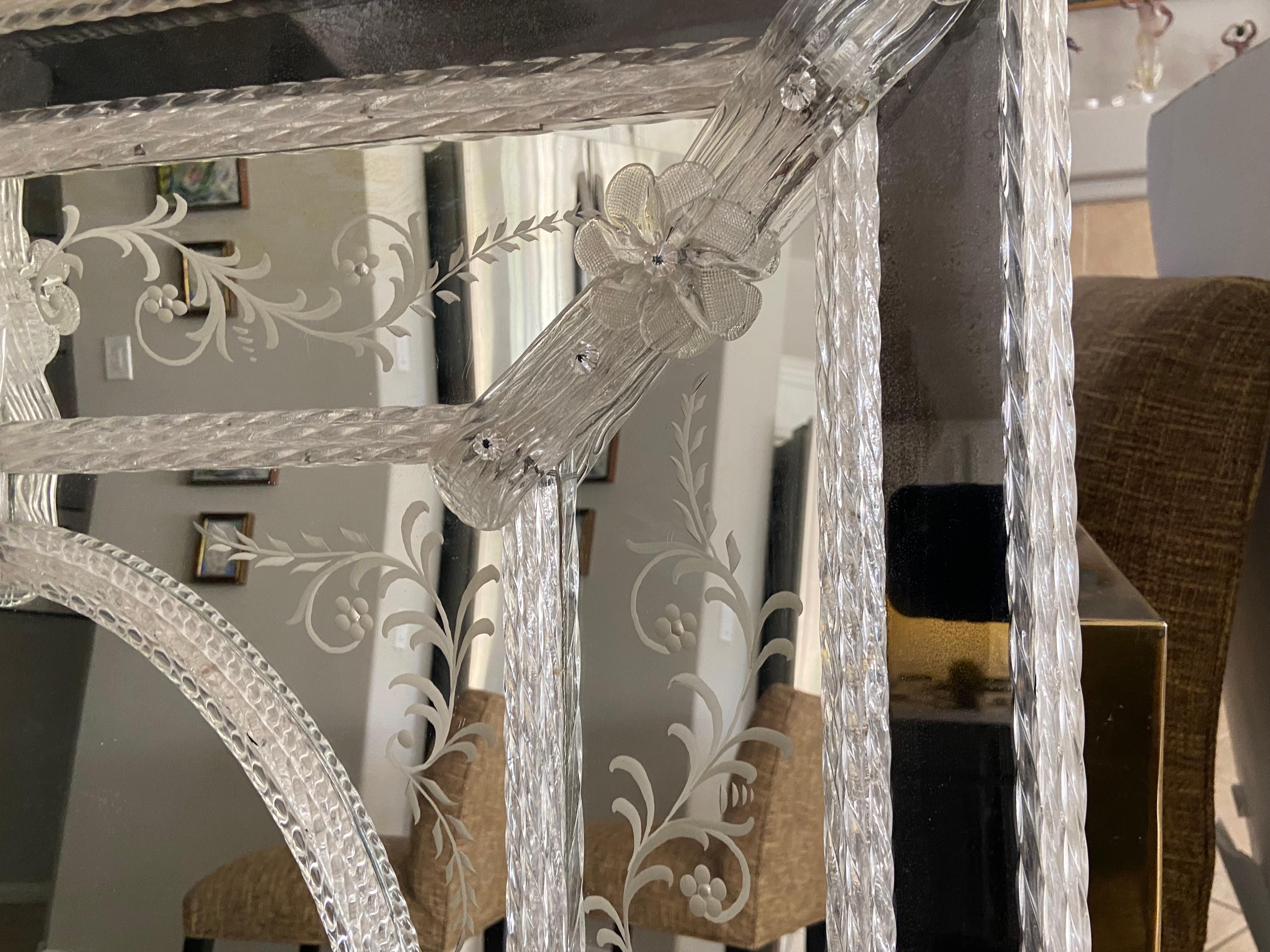 Murano Venetian Italian Rectangle Etched Floral Wall Mirror For Sale 5