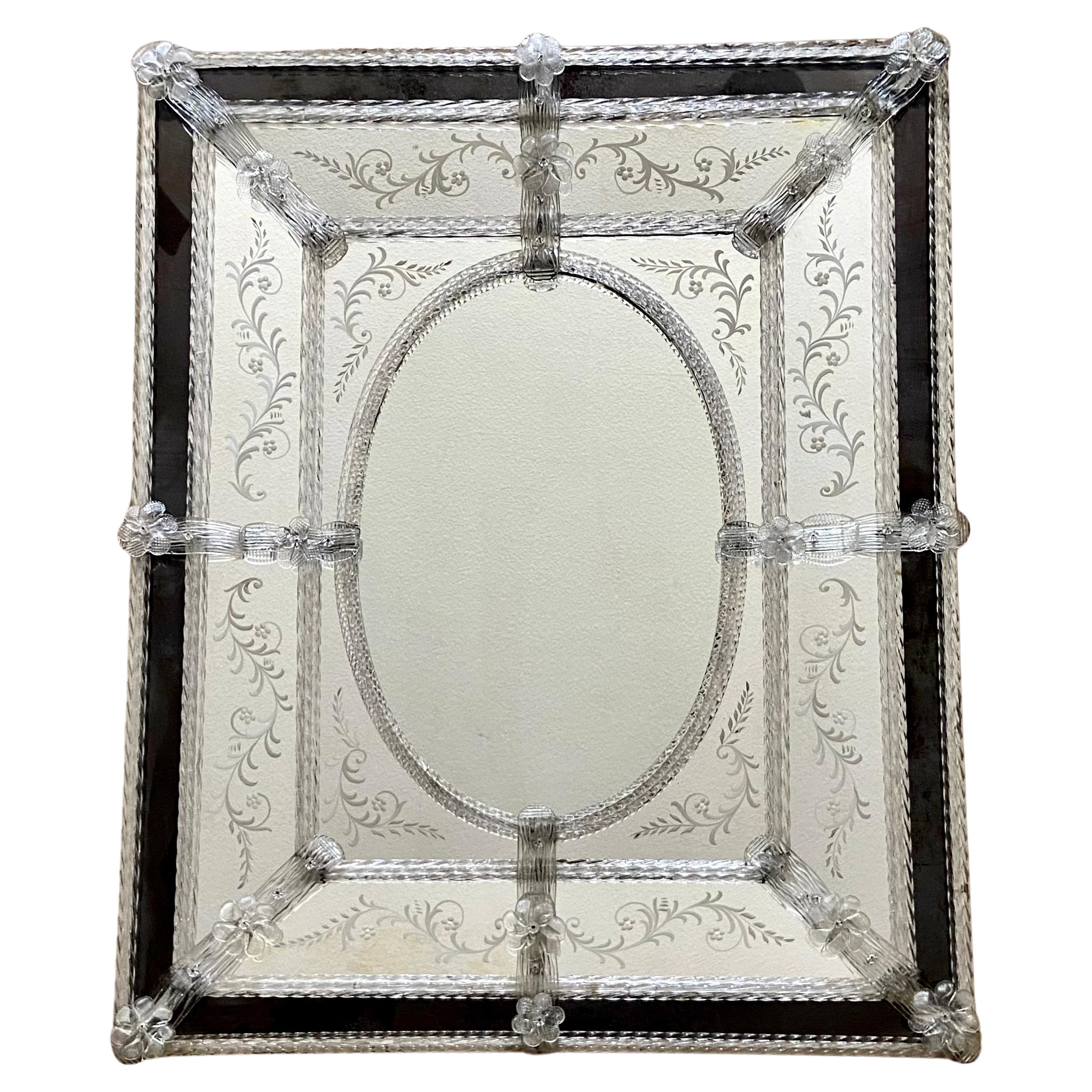 Murano Venetian Italian Rectangle Etched Floral Wall Mirror