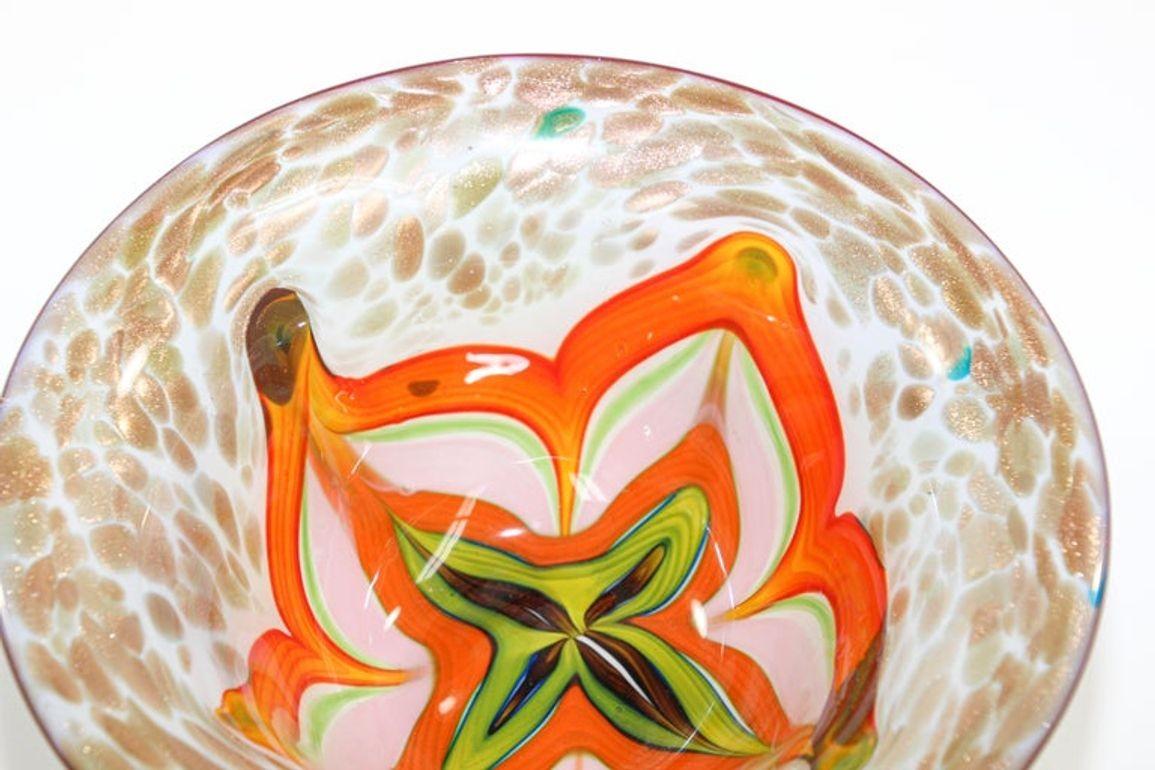 Blown Glass Murano Venetian Large Art Glass Bowl Blue Green Orange Gold Murine 1960s For Sale