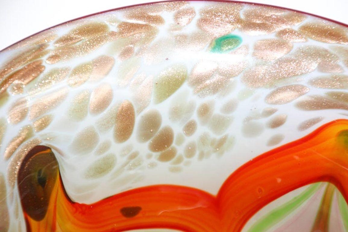 Murano Venetian Large Art Glass Bowl Blue Green Orange Gold Murine 1960s For Sale 2