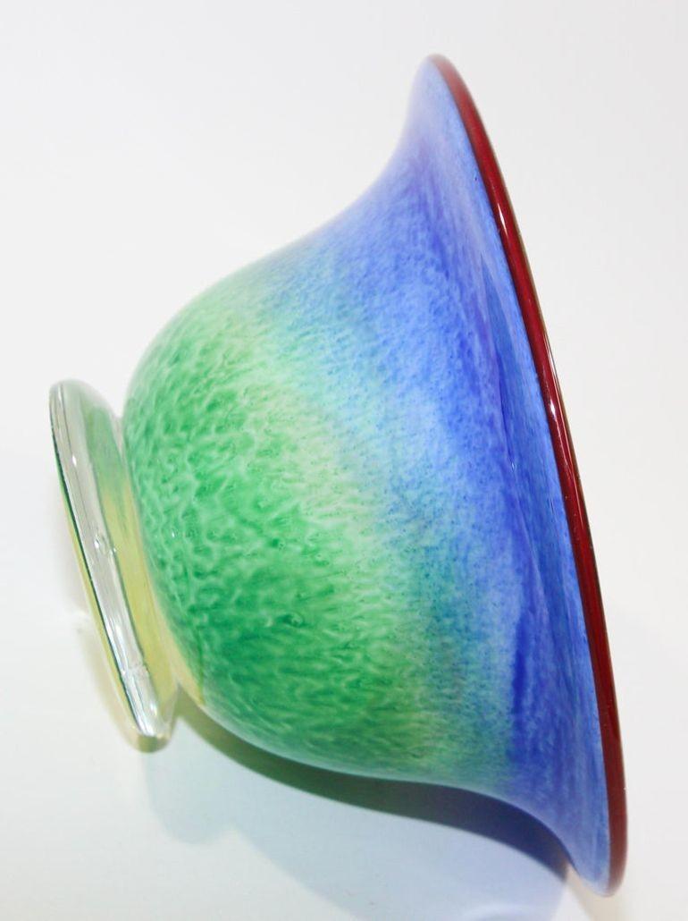 Murano Venetian Large Art Glass Bowl Blue Green Orange Gold Murine 1960s For Sale 3