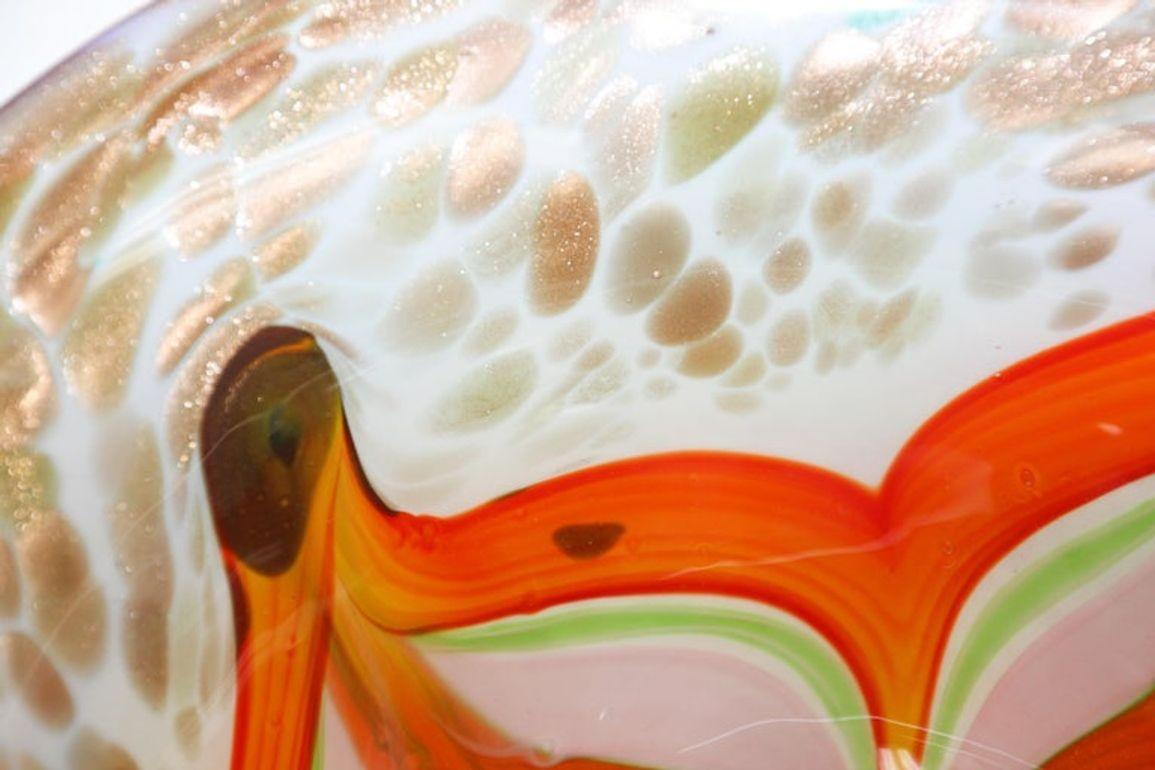 Murano Venetian Large Art Glass Bowl Blue Green Orange Gold Murine 1960s For Sale 6